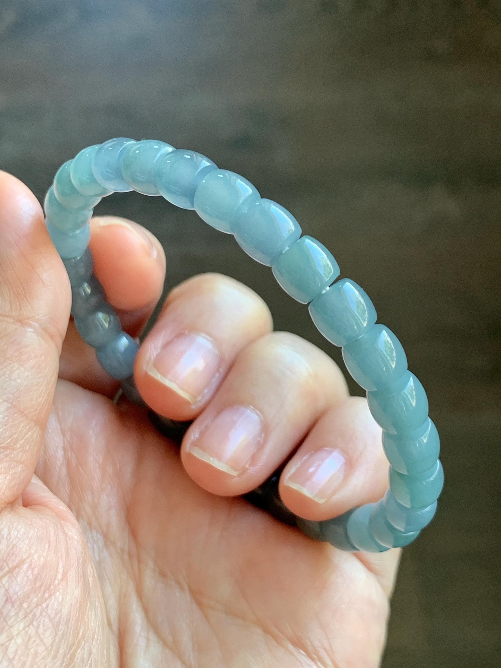 Natural Grade A Guatemalan Icy Translucent Dusty Blue Jade Jadeite Barrel Beads Beaded Bracelet 6.8x6.3mm 7.25” 18g 天然冰胶危浅蓝翡翠桶珠手串 WQLG220