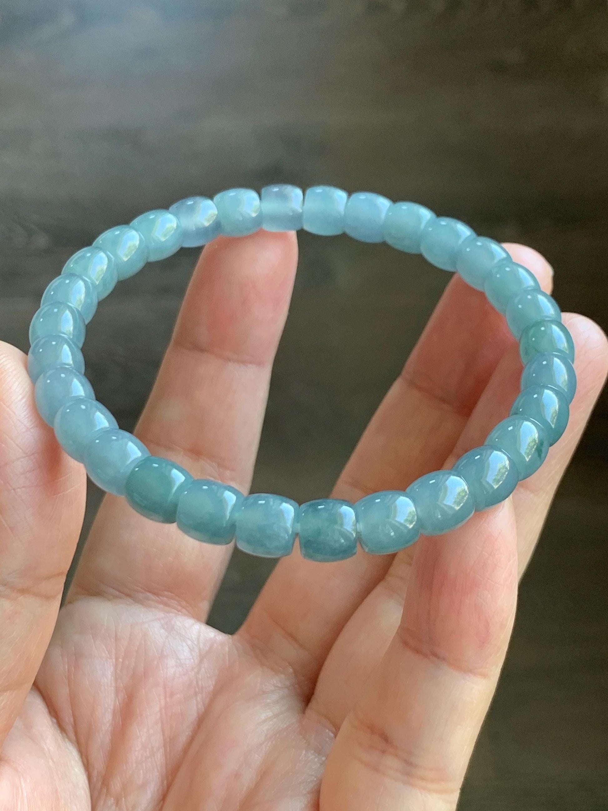 Natural Grade A Guatemalan Icy Translucent Dusty Blue Jade Jadeite Barrel Beads Beaded Bracelet 6.8x6.3mm 7.25” 18g 天然冰胶危浅蓝翡翠桶珠手串 WQLG220