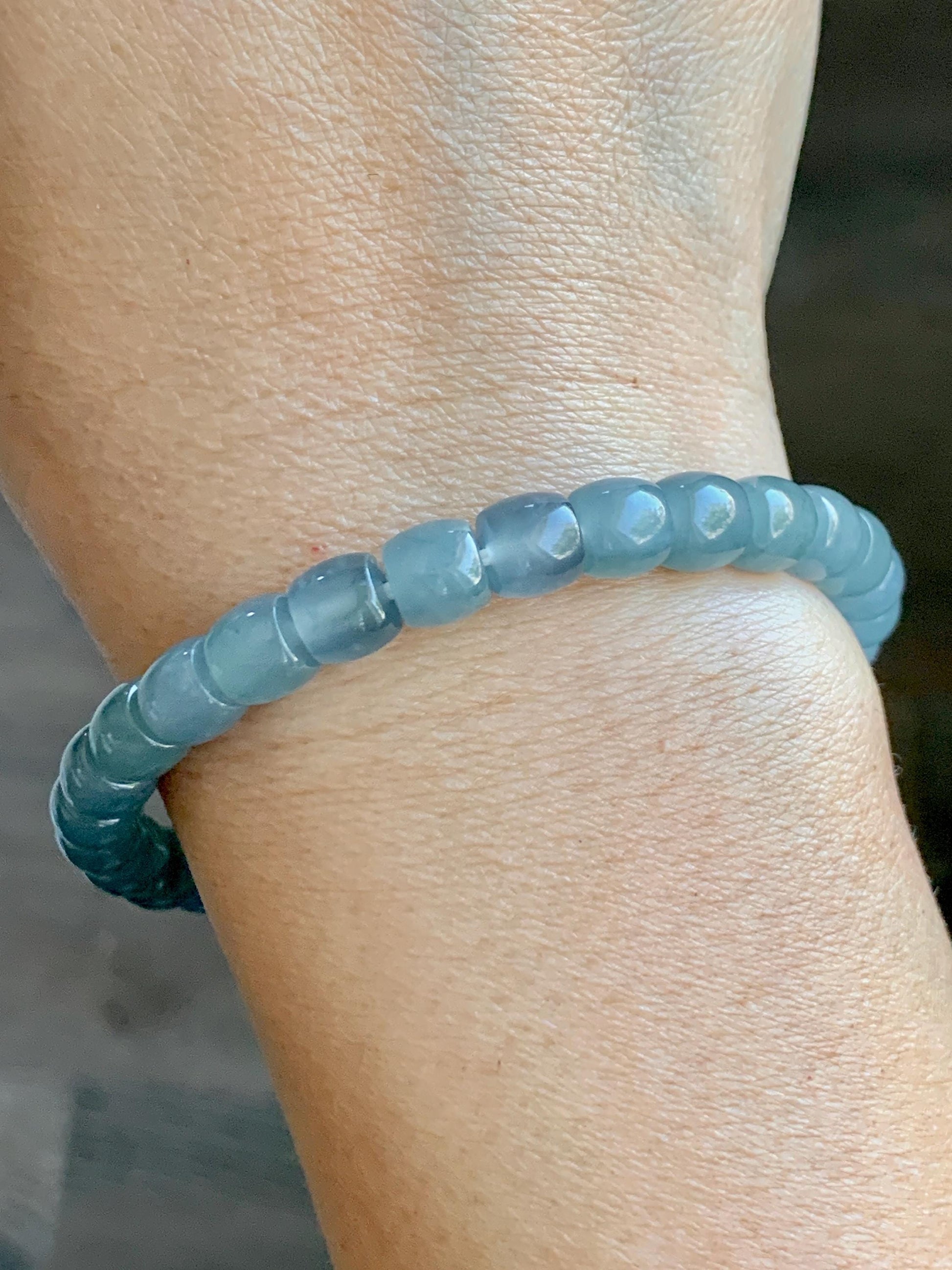Natural Grade A Guatemalan Icy Translucent Dusty Blue Jade Jadeite Barrel Beads Beaded Bracelet 6.8x6.3mm 7.25” 18g 天然冰胶危浅蓝翡翠桶珠手串 WQLG220