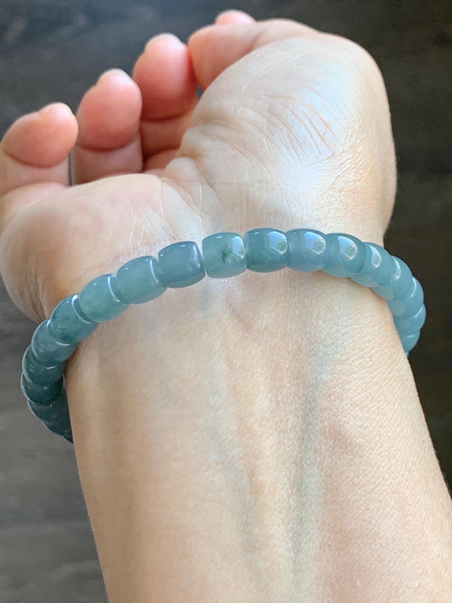 Natural Grade A Guatemalan Icy Translucent Dusty Blue Jade Jadeite Barrel Beads Beaded Bracelet 6.8x6.3mm 7.25” 18g 天然冰胶危浅蓝翡翠桶珠手串 WQLG220