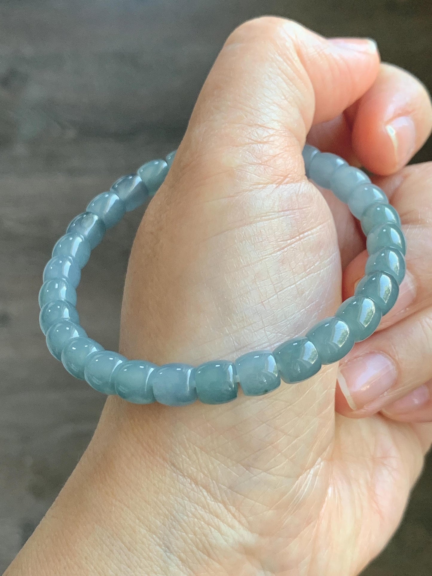 Natural Grade A Guatemalan Icy Translucent Dusty Blue Jade Jadeite Barrel Beads Beaded Bracelet 6.8x6.3mm 7.25” 18g 天然冰胶危浅蓝翡翠桶珠手串 WQLG220
