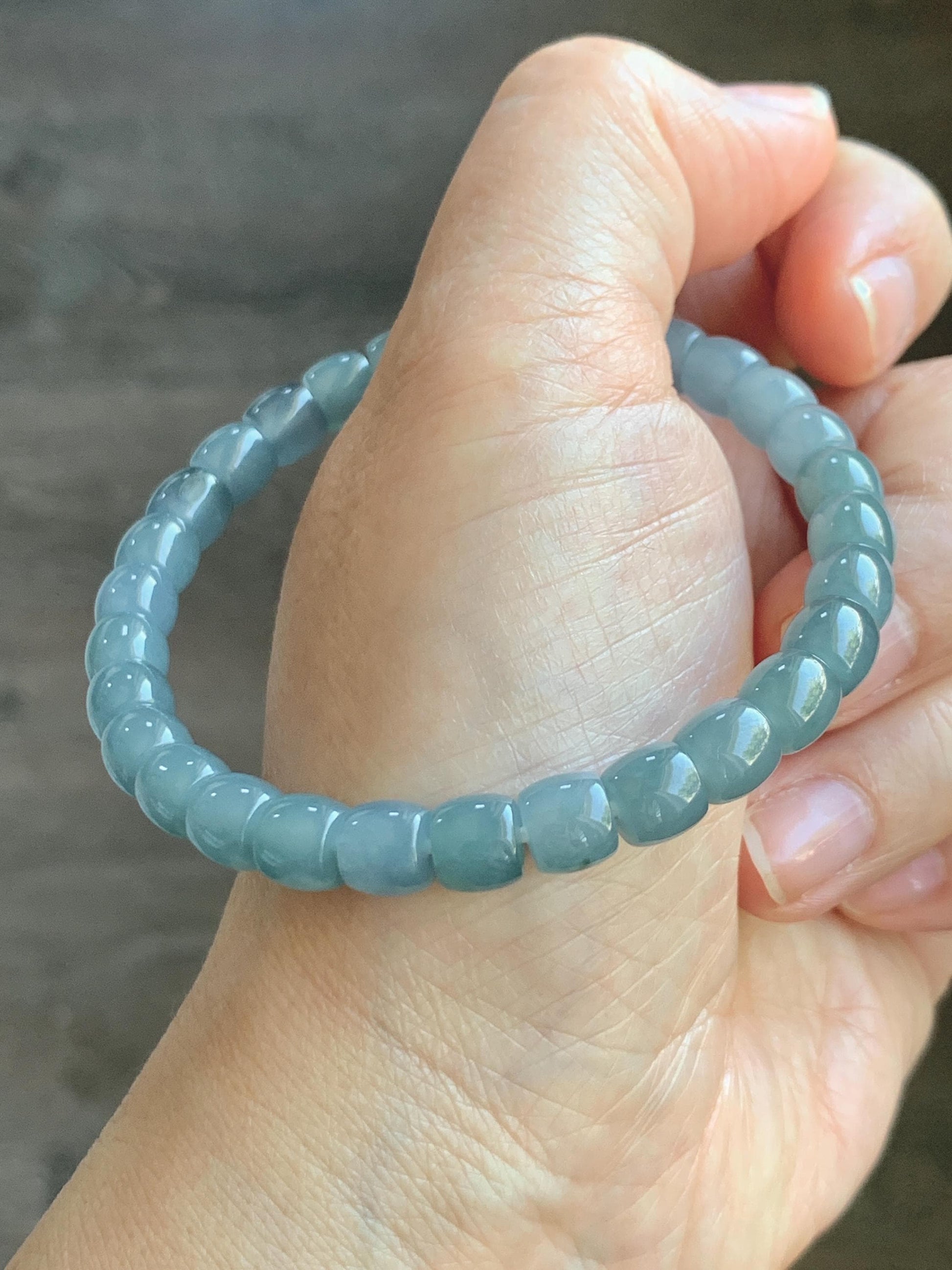 Natural Grade A Guatemalan Icy Translucent Dusty Blue Jade Jadeite Barrel Beads Beaded Bracelet 6.8x6.3mm 7.25” 18g 天然冰胶危浅蓝翡翠桶珠手串 WQLG220