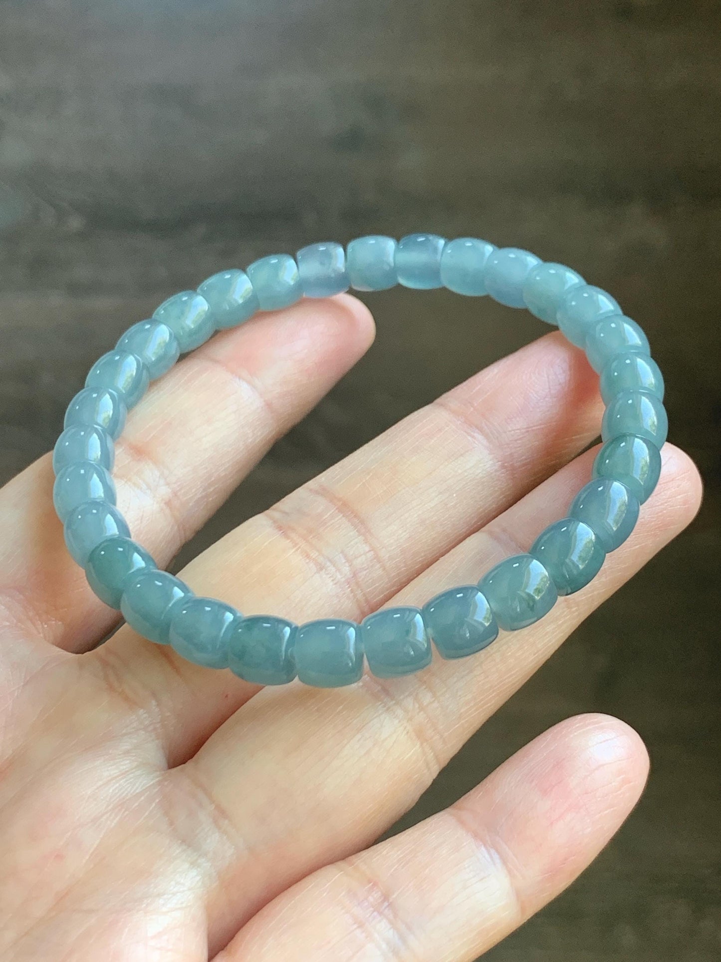 Natural Grade A Guatemalan Icy Translucent Dusty Blue Jade Jadeite Barrel Beads Beaded Bracelet 6.8x6.3mm 7.25” 18g 天然冰胶危浅蓝翡翠桶珠手串 WQLG220