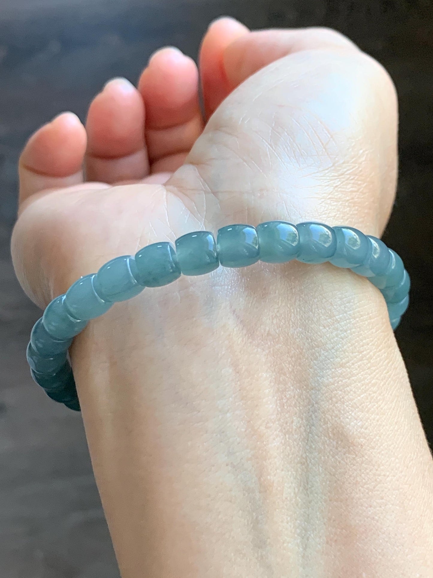 Natural Grade A Guatemalan Icy Translucent Dusty Teal Blue Jade Jadeite Barrel Beads Beaded Bracelet 6.8x6mm 7.5” 20g 天然冰胶危浅蓝翡翠桶珠手串 WALG220