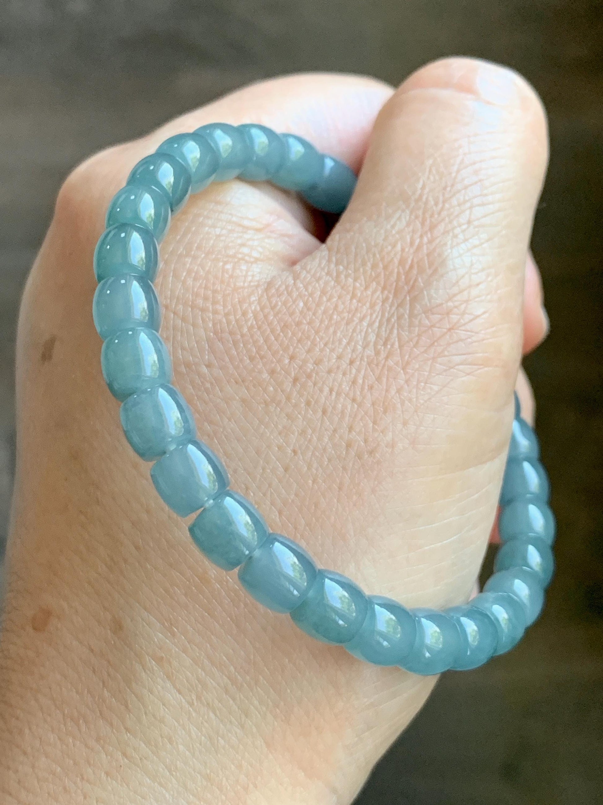 Natural Grade A Guatemalan Icy Translucent Dusty Teal Blue Jade Jadeite Barrel Beads Beaded Bracelet 6.8x6mm 7.5” 20g 天然冰胶危浅蓝翡翠桶珠手串 WALG220