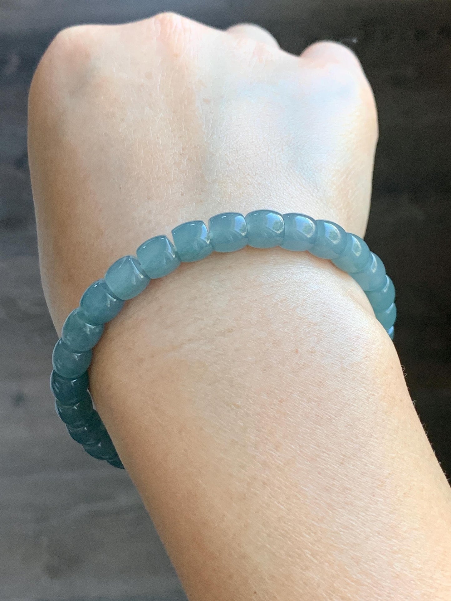 Natural Grade A Guatemalan Icy Translucent Dusty Teal Blue Jade Jadeite Barrel Beads Beaded Bracelet 6.8x6mm 7.5” 20g 天然冰胶危浅蓝翡翠桶珠手串 WALG220