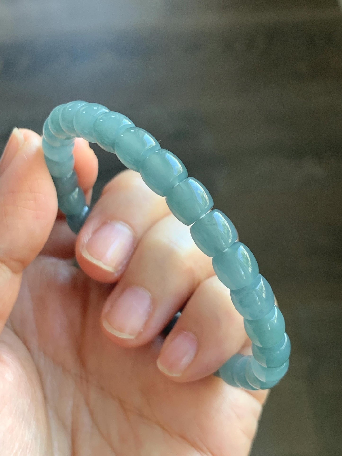 Natural Grade A Guatemalan Icy Translucent Dusty Teal Blue Jade Jadeite Barrel Beads Beaded Bracelet 6.8x6mm 7.5” 20g 天然冰胶危浅蓝翡翠桶珠手串 WALG220