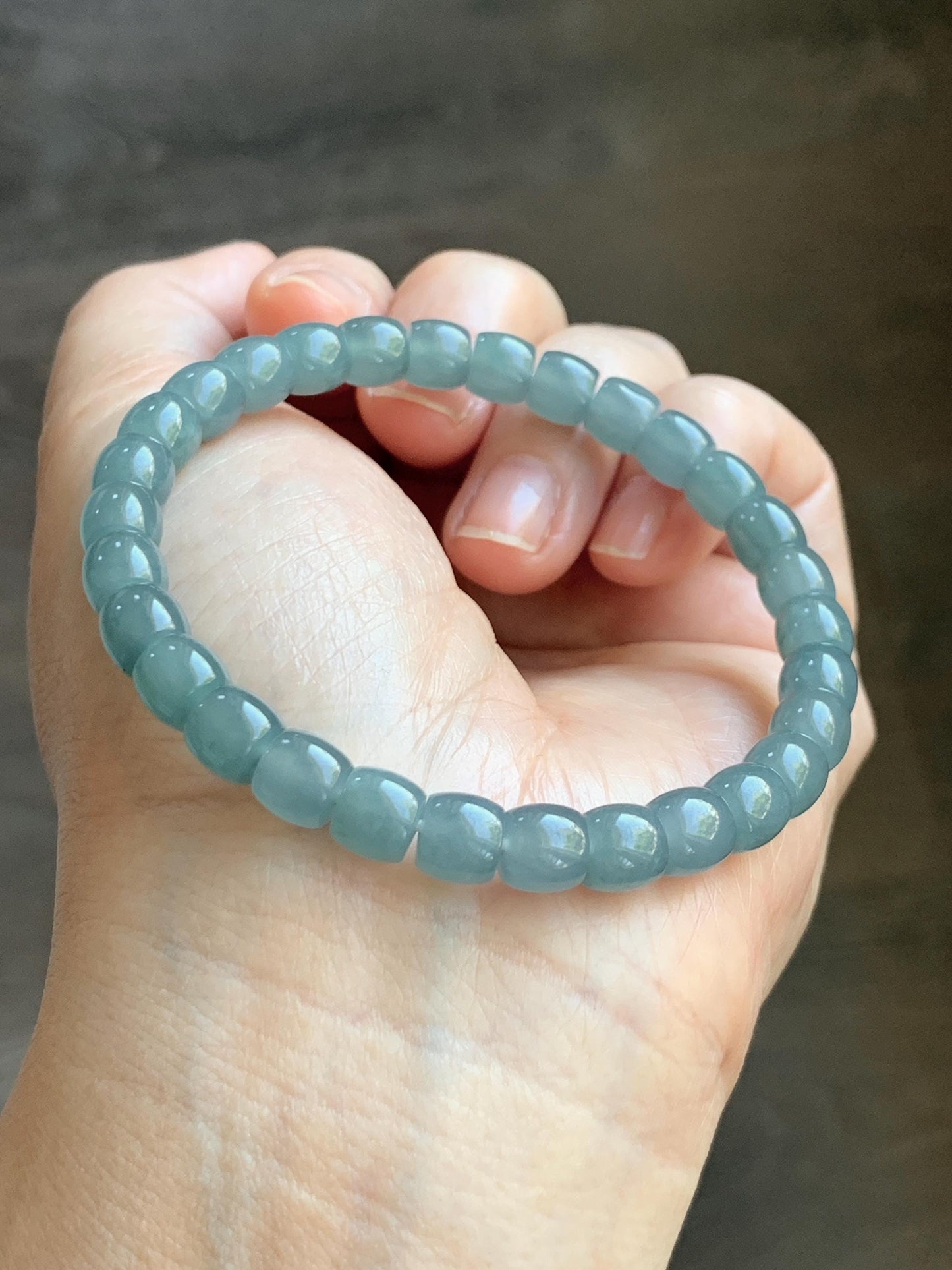 Natural Grade A Guatemalan Icy Translucent Dusty Teal Blue Jade Jadeite Barrel Beads Beaded Bracelet 6.8x6mm 7.5” 20g 天然冰胶危浅蓝翡翠桶珠手串 WALG220
