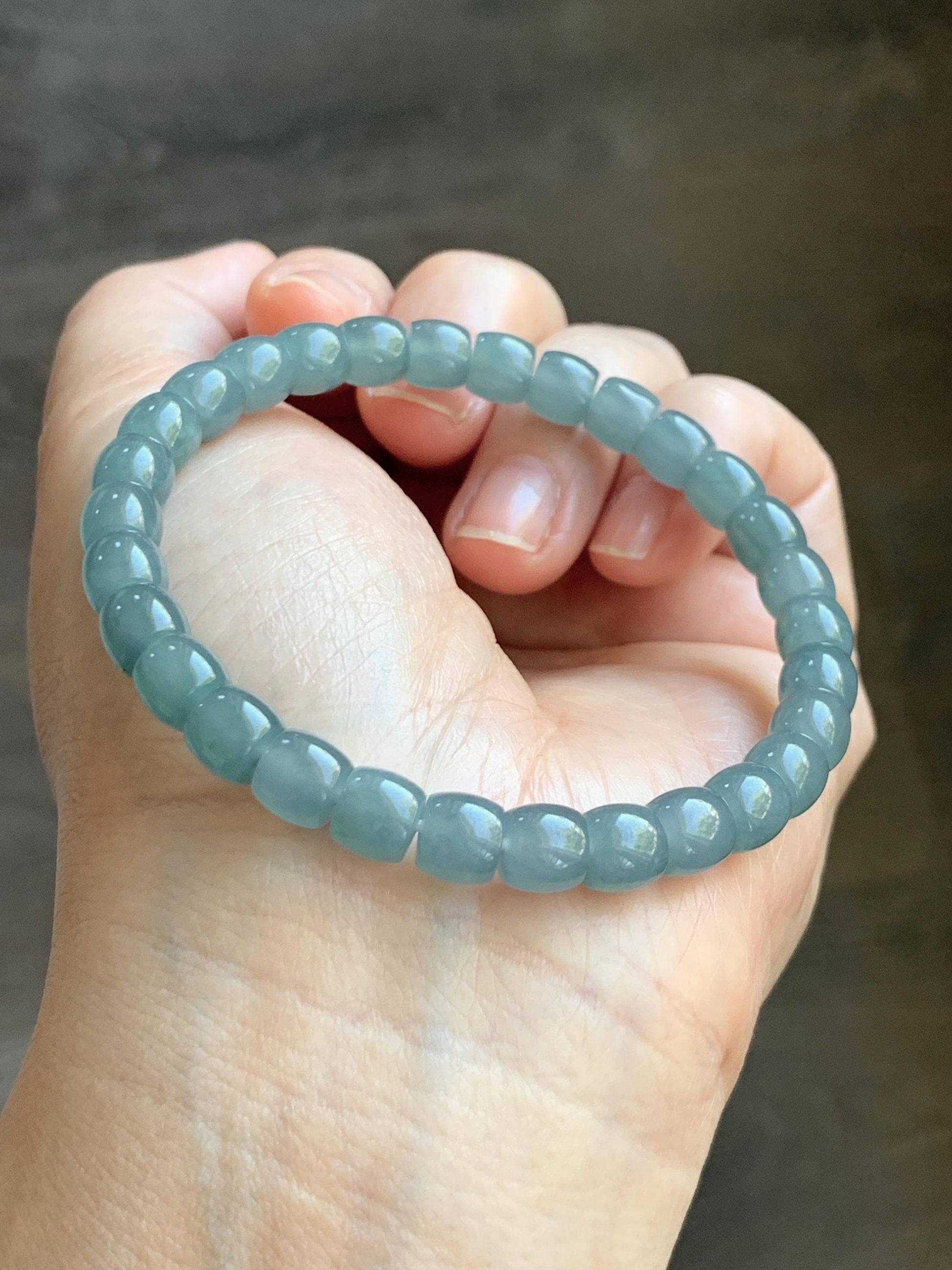 Natural Grade A Guatemalan Icy Translucent Dusty Teal Blue Jade Jadeite Barrel Beads Beaded Bracelet 6.8x6mm 7.5” 20g 天然冰胶危浅蓝翡翠桶珠手串 WALG220