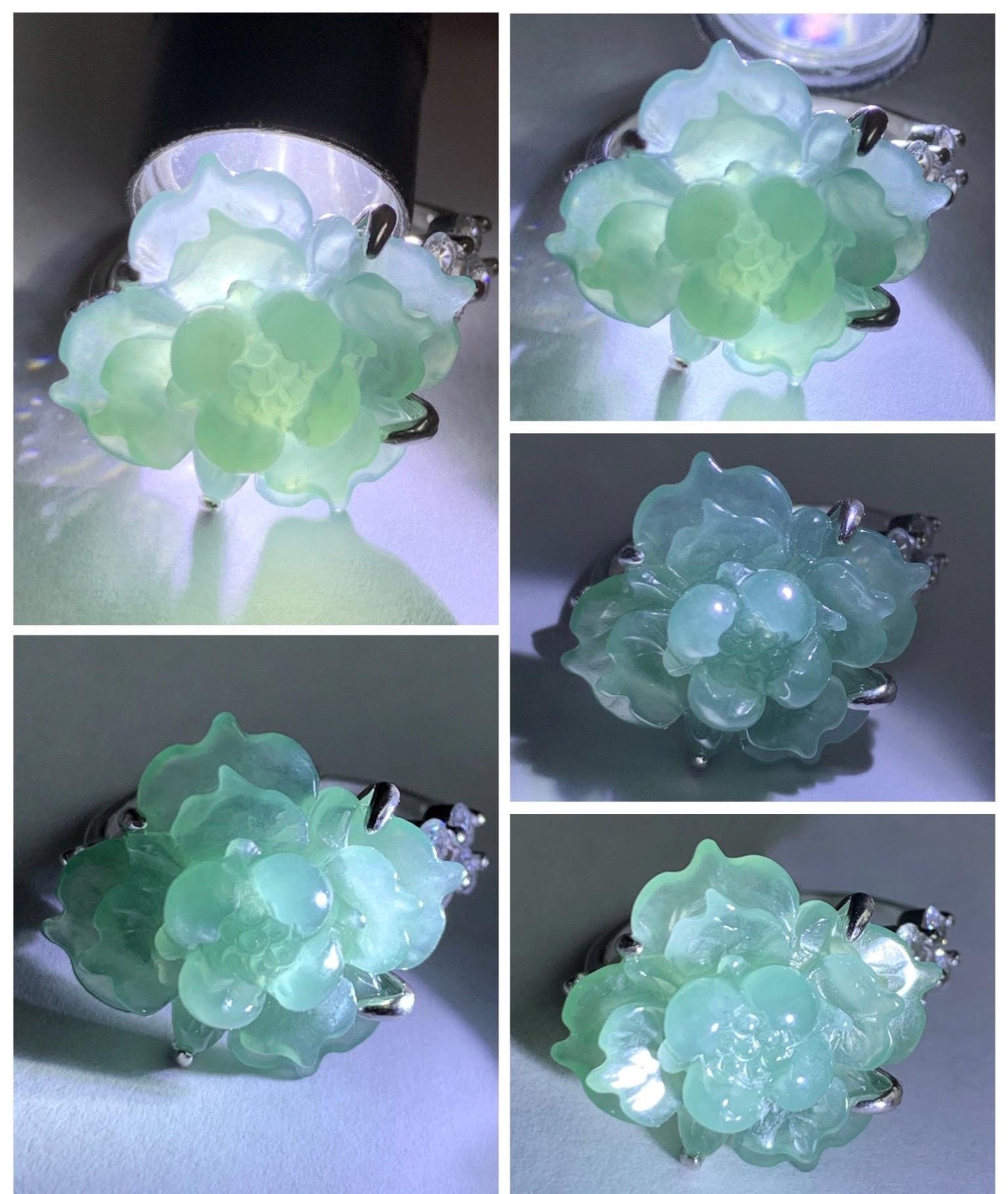 Natural Grade A Guatemalan Icy Translucent Dusty Teal Jade Jadeite Lotus Flower Ring Sterling Silver Size Adjustable 5g 天然冰危蓝绿翡翠莲花戒指 WLY150E
