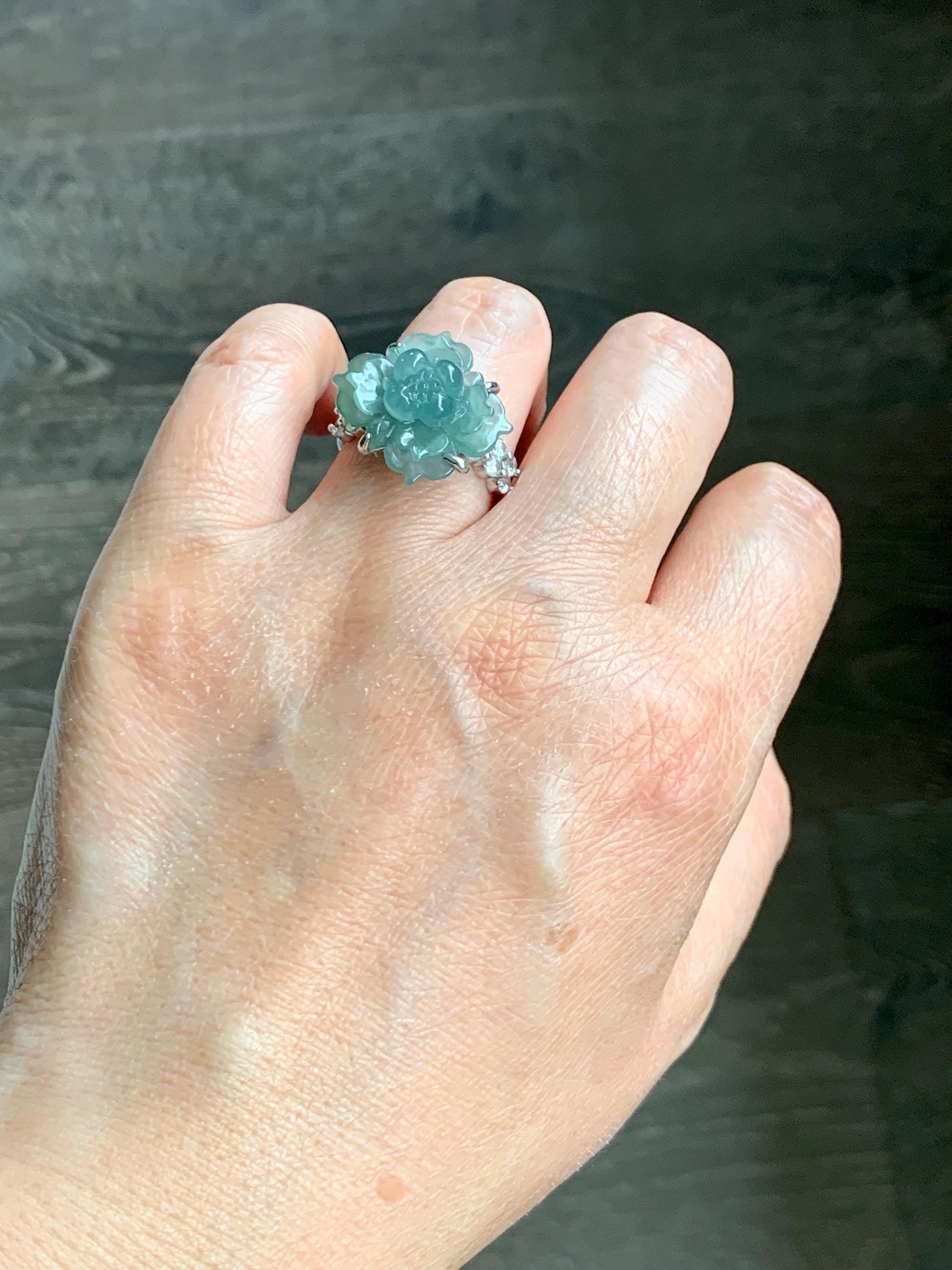 Natural Grade A Guatemalan Icy Translucent Dusty Teal Jade Jadeite Lotus Flower Ring Sterling Silver Size Adjustable 5g 天然冰危蓝绿翡翠莲花戒指 WLY150E