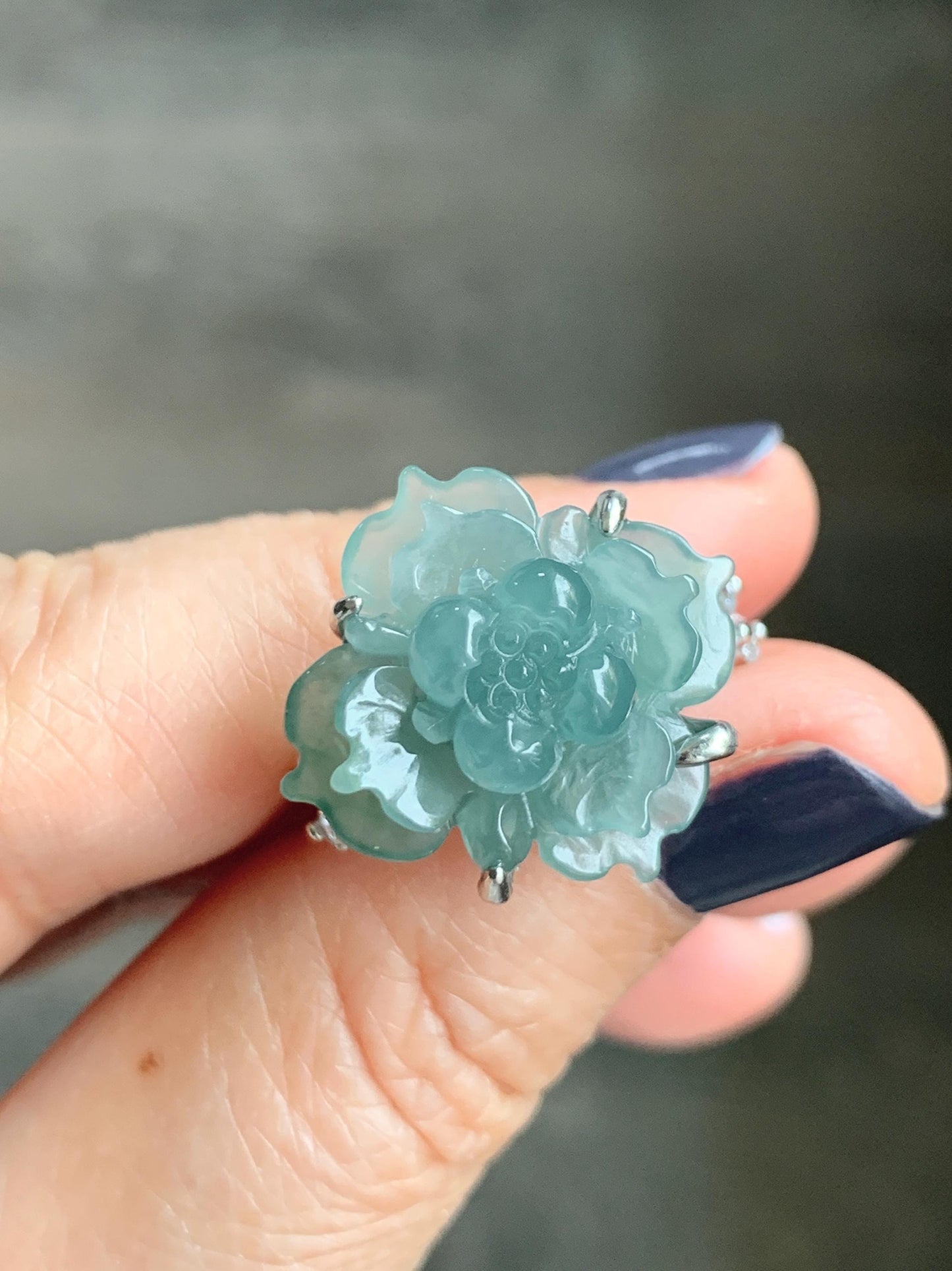 Natural Grade A Guatemalan Icy Translucent Dusty Teal Jade Jadeite Lotus Flower Ring Sterling Silver Size Adjustable 5g 天然冰危蓝绿翡翠莲花戒指 WLY150E