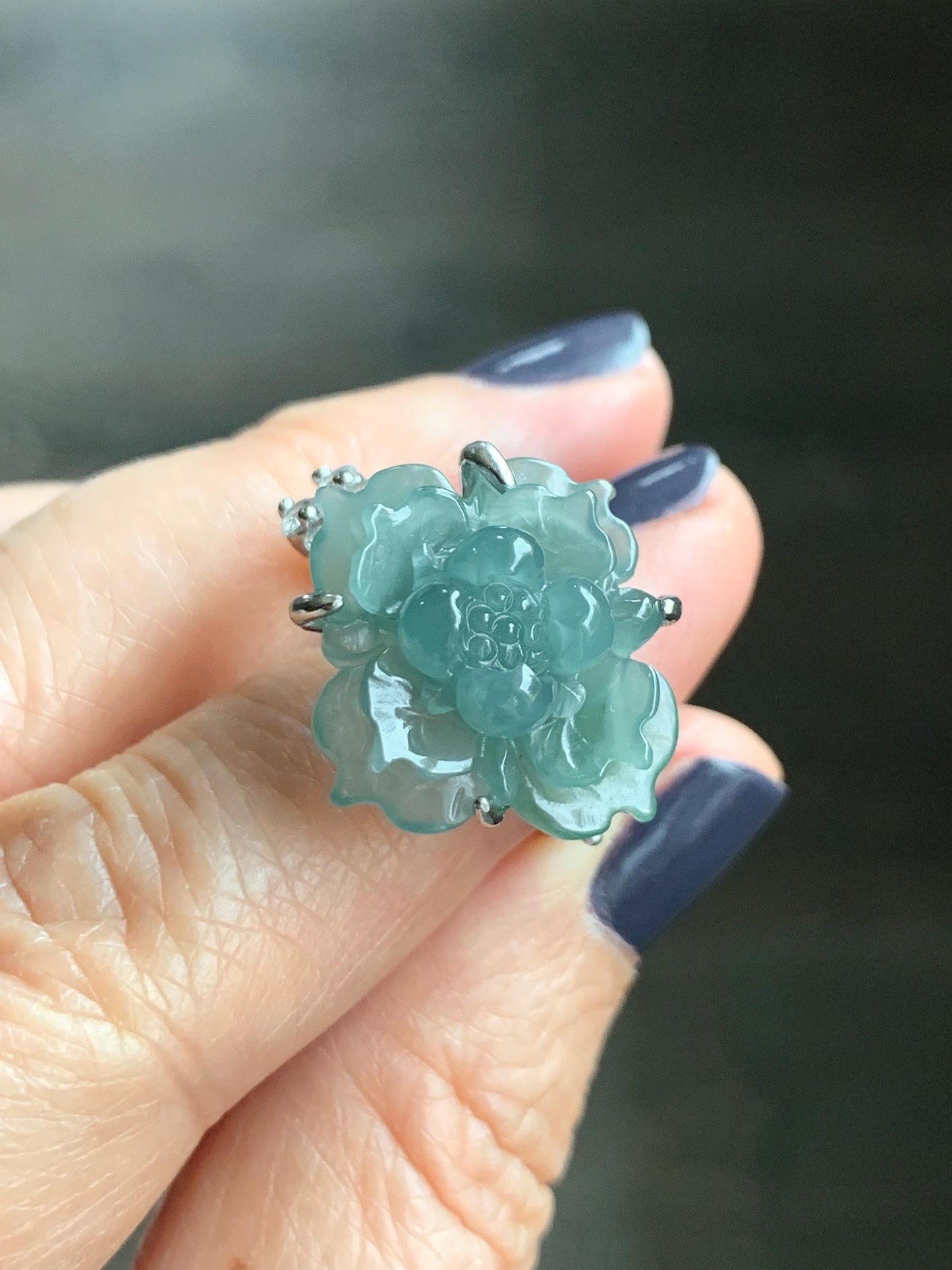 Natural Grade A Guatemalan Icy Translucent Dusty Teal Jade Jadeite Lotus Flower Ring Sterling Silver Size Adjustable 5g 天然冰危蓝绿翡翠莲花戒指 WLY150E