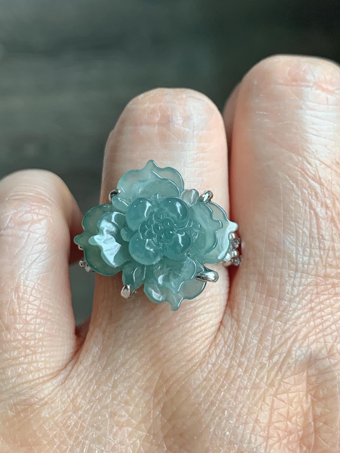 Natural Grade A Guatemalan Icy Translucent Dusty Teal Jade Jadeite Lotus Flower Ring Sterling Silver Size Adjustable 5g 天然冰危蓝绿翡翠莲花戒指 WLY150E