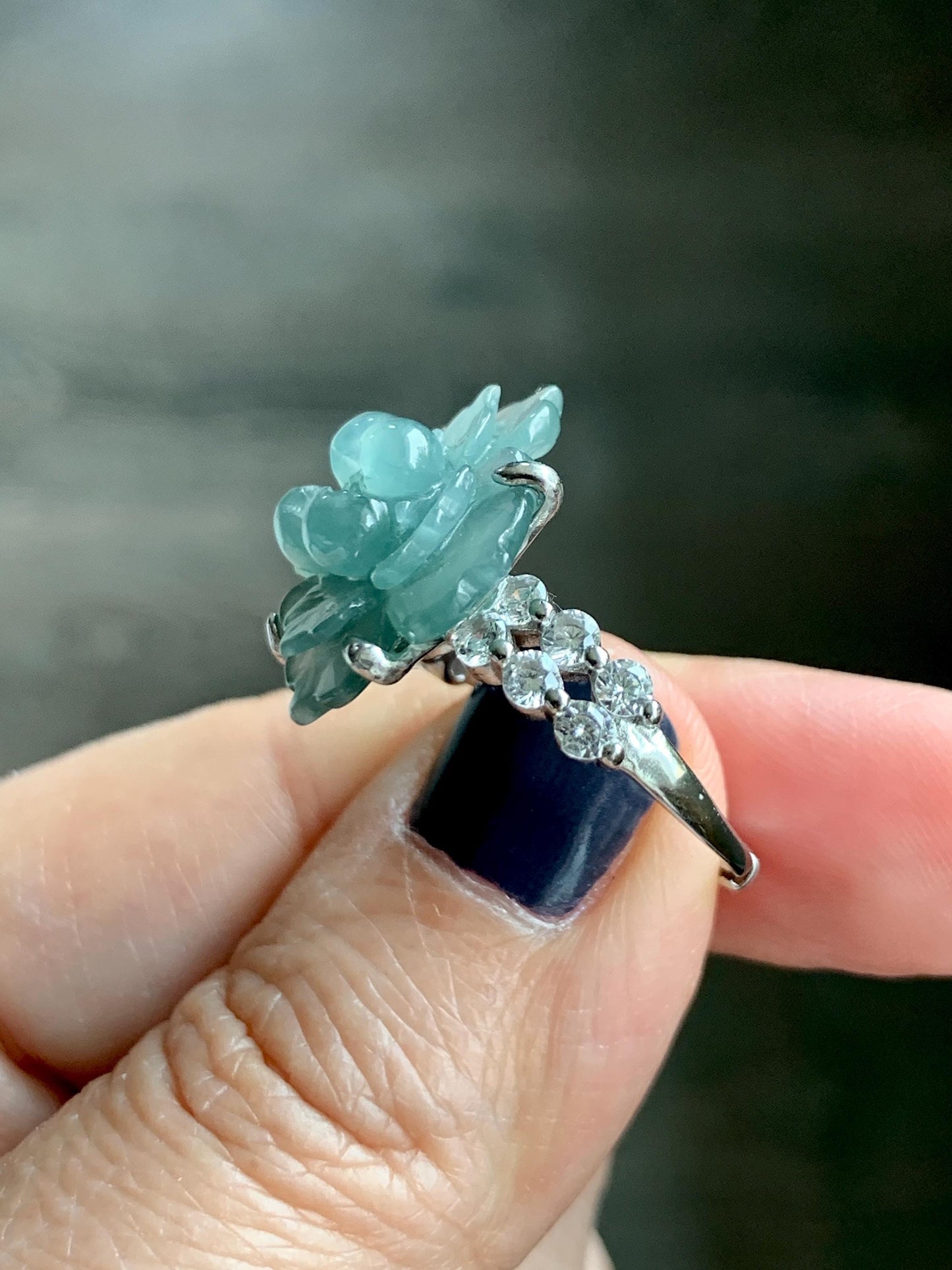 Natural Grade A Guatemalan Icy Translucent Dusty Teal Jade Jadeite Lotus Flower Ring Sterling Silver Size Adjustable 5g 天然冰危蓝绿翡翠莲花戒指 WLY150E