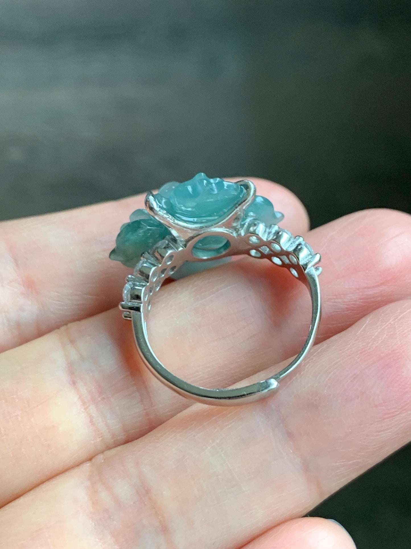 Natural Grade A Guatemalan Icy Translucent Dusty Teal Jade Jadeite Lotus Flower Ring Sterling Silver Size Adjustable 5g 天然冰危蓝绿翡翠莲花戒指 WLY150E