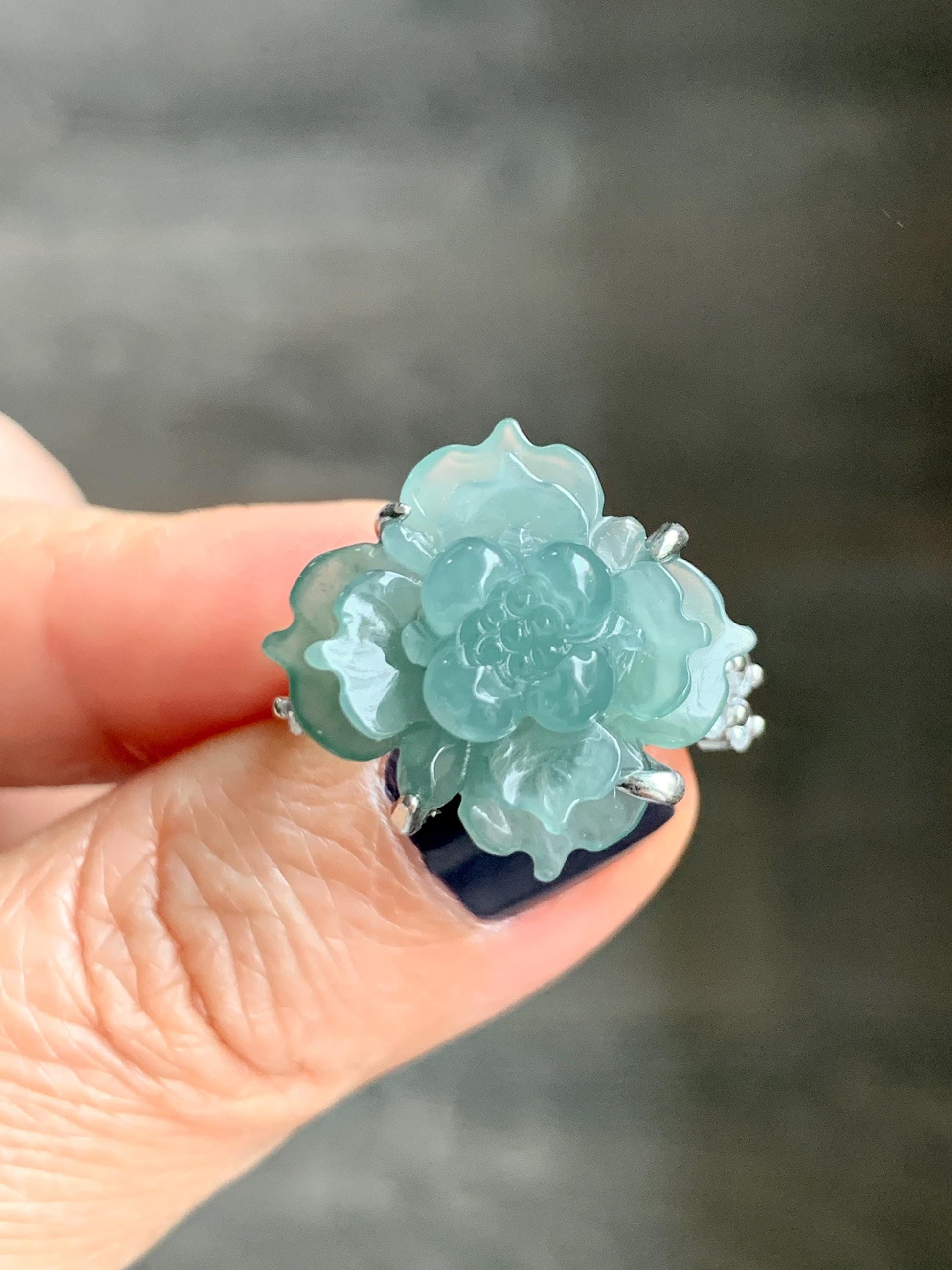 Natural Grade A Guatemalan Icy Translucent Dusty Teal Jade Jadeite Lotus Flower Ring Sterling Silver Size Adjustable 5g 天然冰危蓝绿翡翠莲花戒指 WLY150E