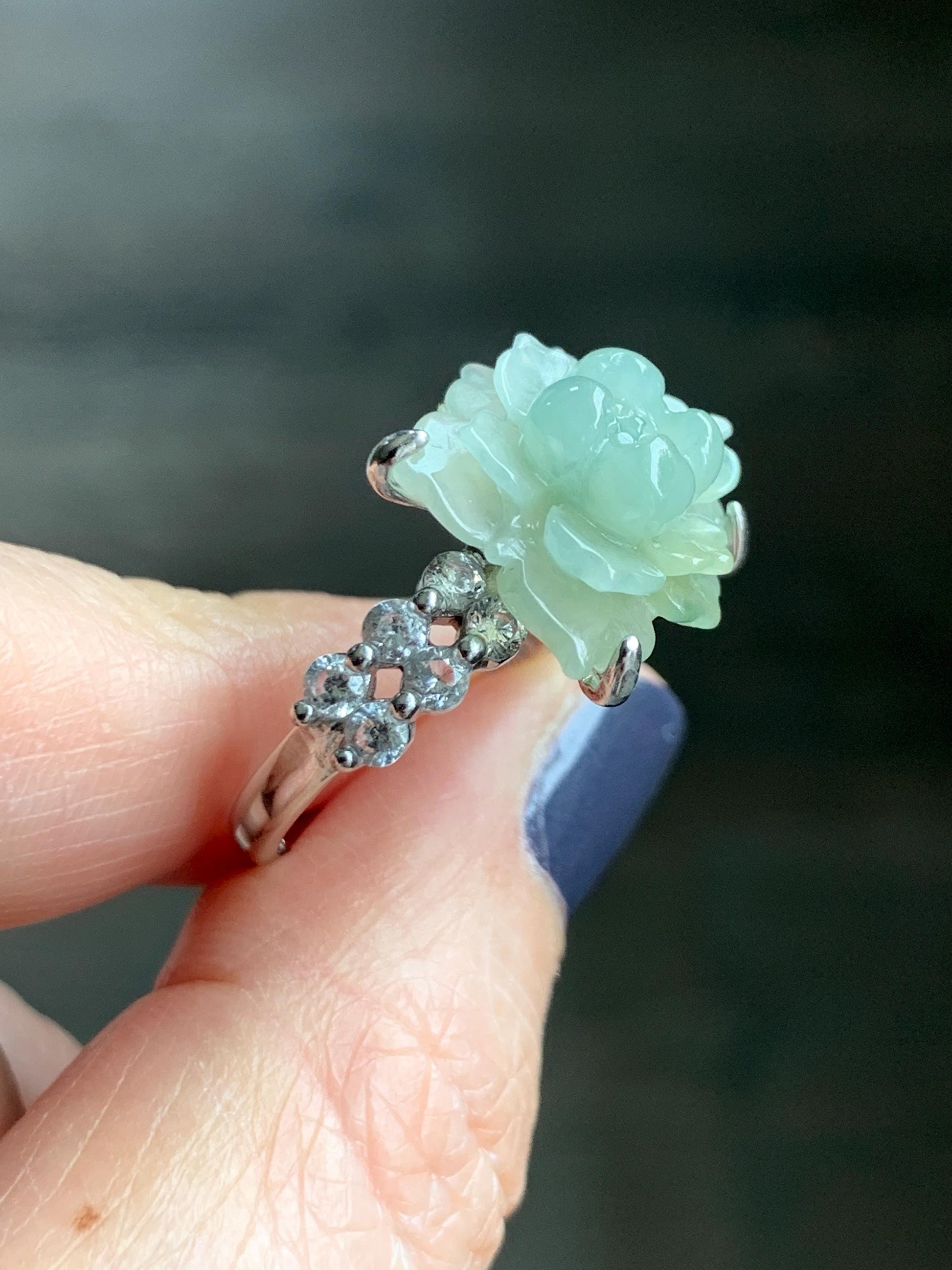 Natural Grade A Guatemalan Icy Dusty Pastel Yellow Jade Jadeite Lotus Flower Ring Sterling Silver Size Adjustable 5g 天然冰危浅黄翡翠莲花戒指 WLY150F