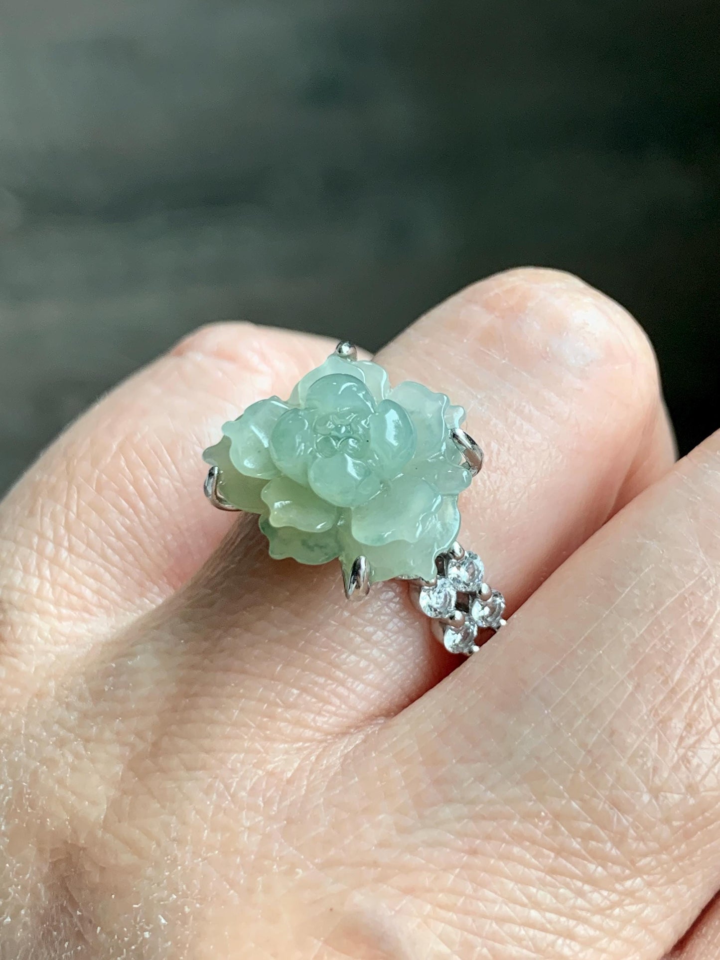 Natural Grade A Guatemalan Icy Dusty Pastel Yellow Jade Jadeite Lotus Flower Ring Sterling Silver Size Adjustable 5g 天然冰危浅黄翡翠莲花戒指 WLY150F