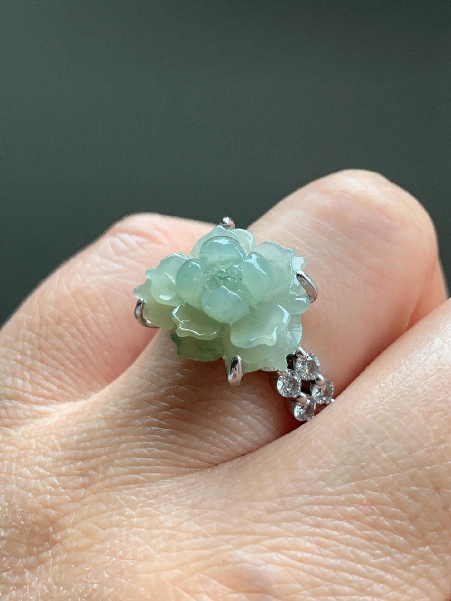 Natural Grade A Guatemalan Icy Dusty Pastel Yellow Jade Jadeite Lotus Flower Ring Sterling Silver Size Adjustable 5g 天然冰危浅黄翡翠莲花戒指 WLY150F