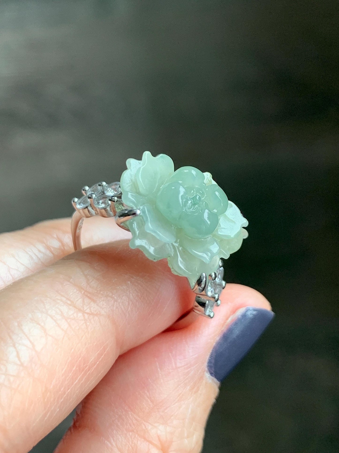 Natural Grade A Guatemalan Icy Dusty Pastel Yellow Jade Jadeite Lotus Flower Ring Sterling Silver Size Adjustable 5g 天然冰危浅黄翡翠莲花戒指 WLY150F