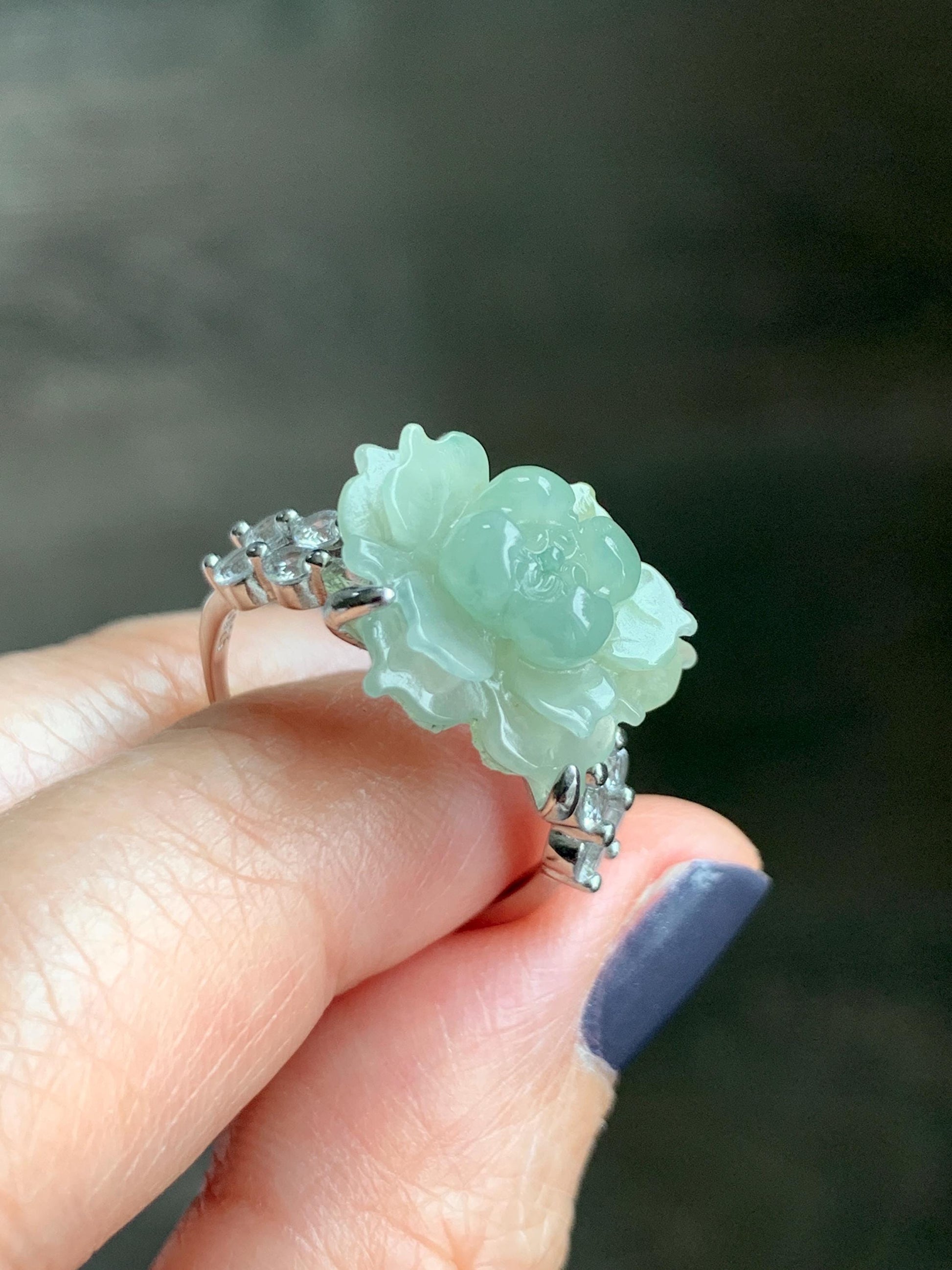 Natural Grade A Guatemalan Icy Dusty Pastel Yellow Jade Jadeite Lotus Flower Ring Sterling Silver Size Adjustable 5g 天然冰危浅黄翡翠莲花戒指 WLY150F