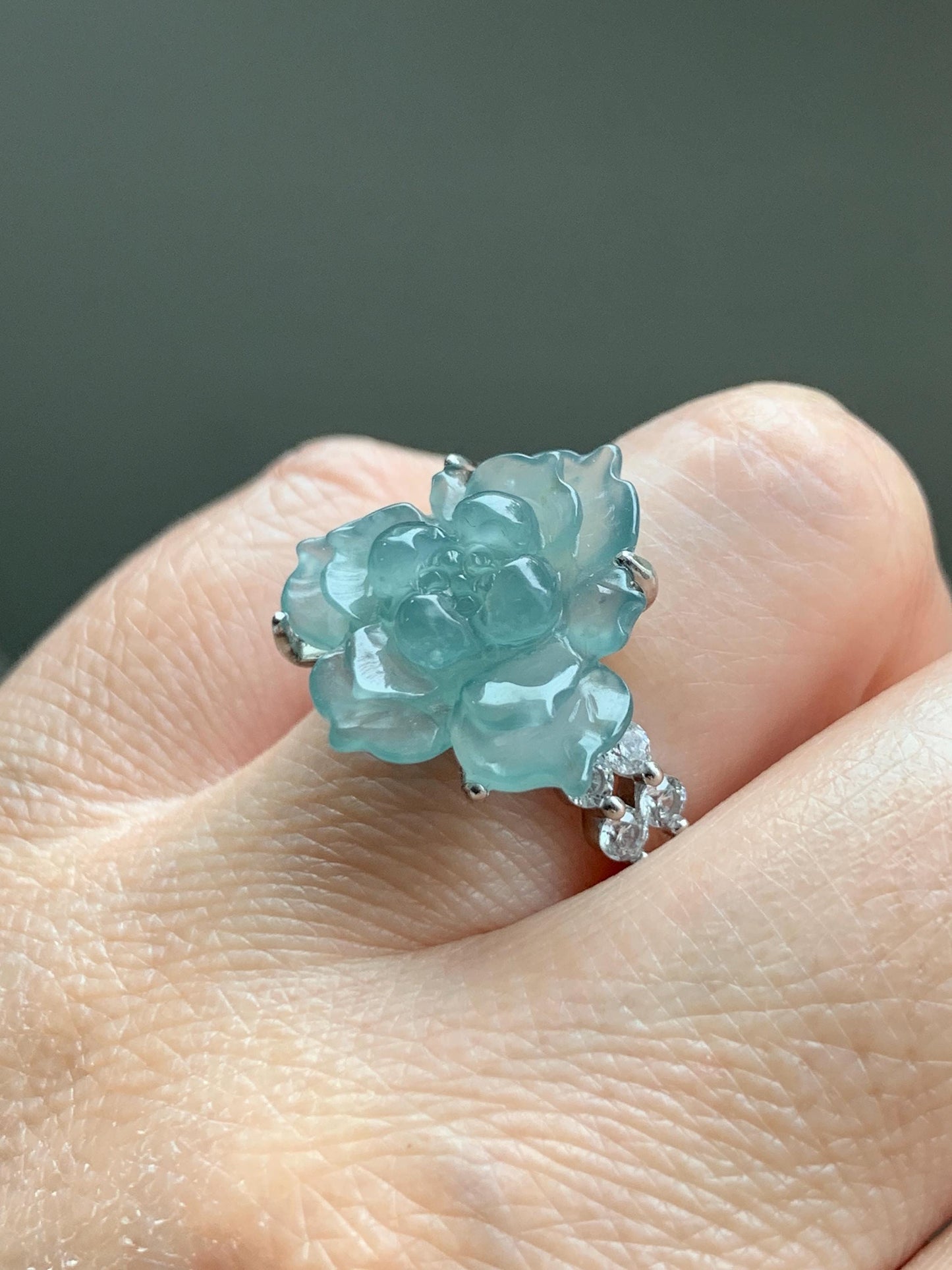 Natural Grade A Guatemalan Icy Translucent Teal Blue Jade Jadeite Lotus Flower Ring Sterling Silver Size Adjustable 5g 天然冰危浅蓝绿翡翠莲花戒指 WLY150G