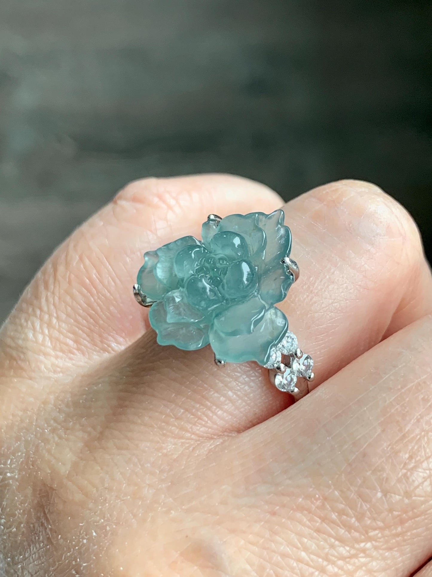 Natural Grade A Guatemalan Icy Translucent Teal Blue Jade Jadeite Lotus Flower Ring Sterling Silver Size Adjustable 5g 天然冰危浅蓝绿翡翠莲花戒指 WLY150G