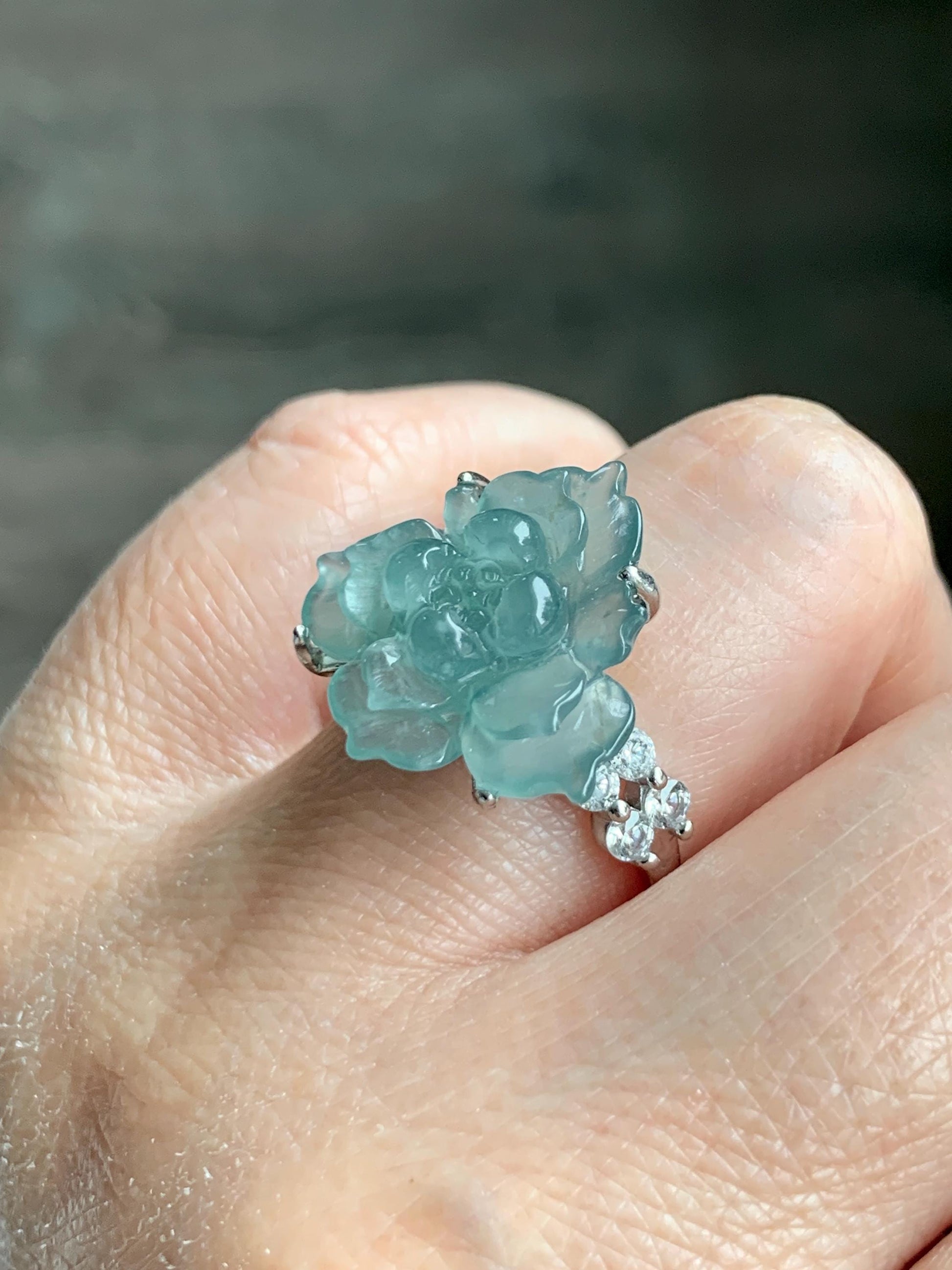 Natural Grade A Guatemalan Icy Translucent Teal Blue Jade Jadeite Lotus Flower Ring Sterling Silver Size Adjustable 5g 天然冰危浅蓝绿翡翠莲花戒指 WLY150G
