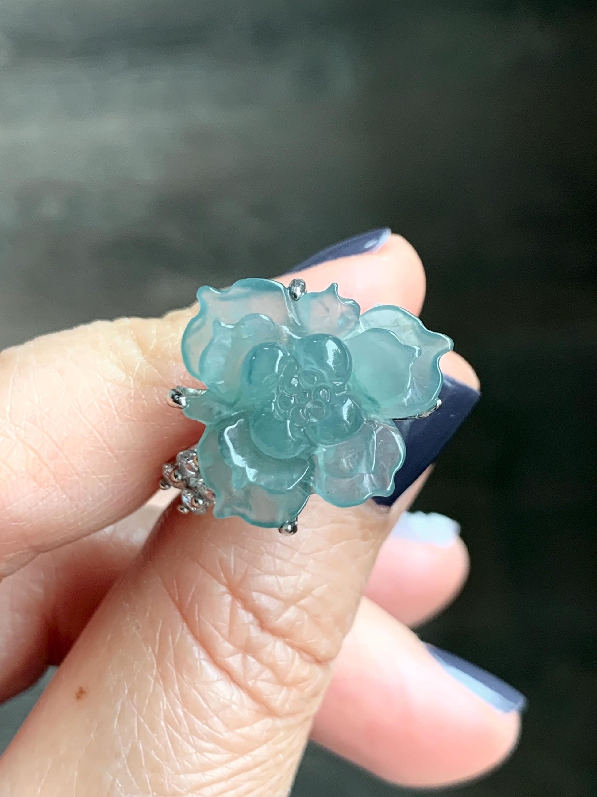 Natural Grade A Guatemalan Icy Translucent Teal Blue Jade Jadeite Lotus Flower Ring Sterling Silver Size Adjustable 5g 天然冰危浅蓝绿翡翠莲花戒指 WLY150G