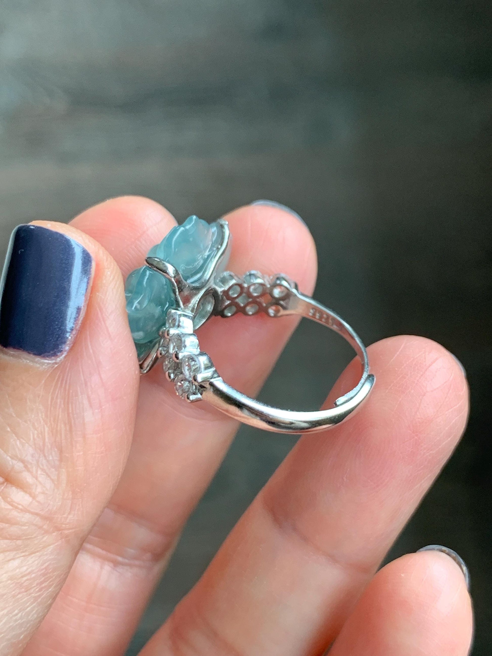 Natural Grade A Guatemalan Icy Translucent Teal Blue Jade Jadeite Lotus Flower Ring Sterling Silver Size Adjustable 5g 天然冰危浅蓝绿翡翠莲花戒指 WLY150G