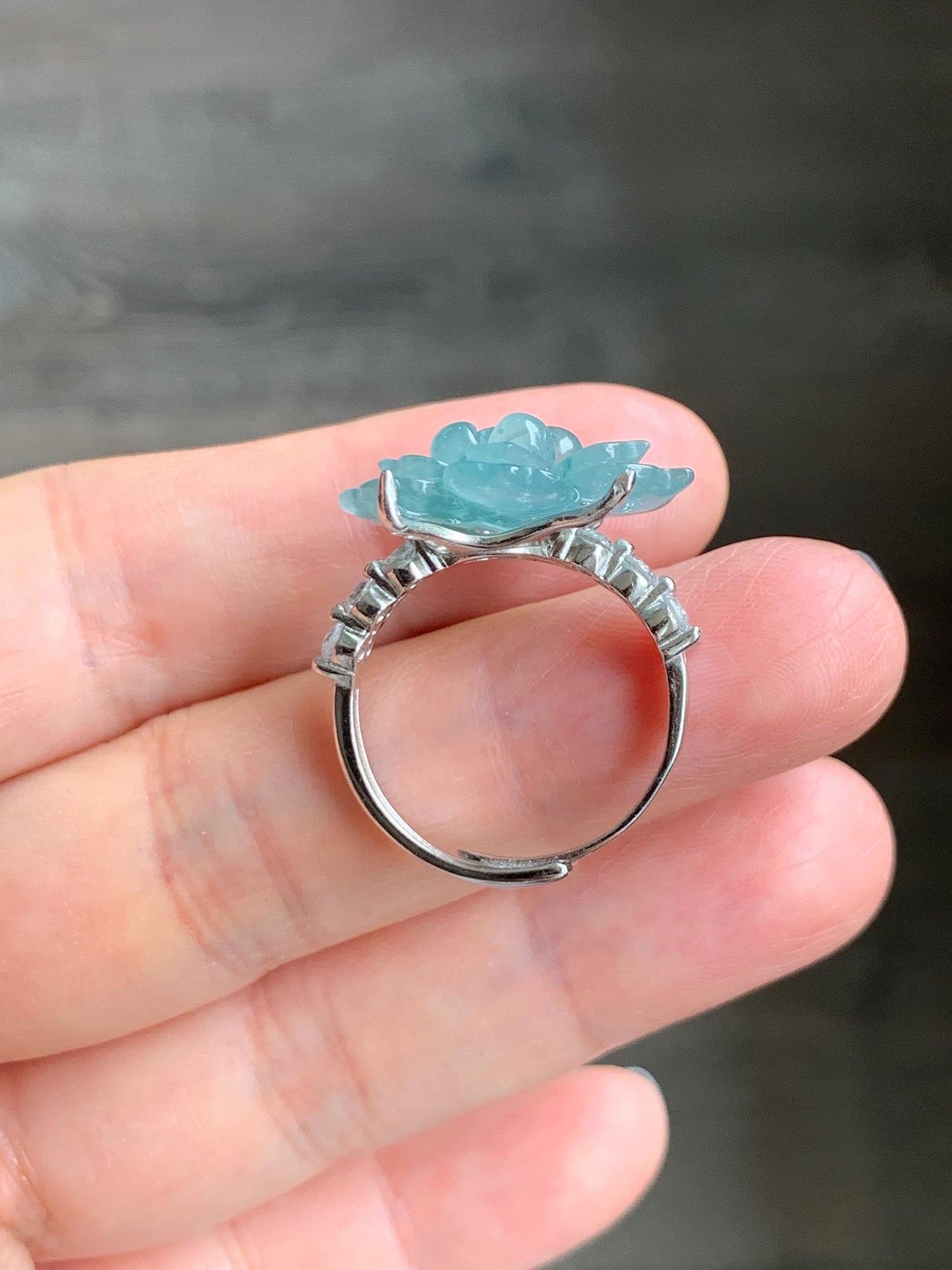 Natural Grade A Guatemalan Icy Translucent Teal Blue Jade Jadeite Lotus Flower Ring Sterling Silver Size Adjustable 5g 天然冰危浅蓝绿翡翠莲花戒指 WLY150G