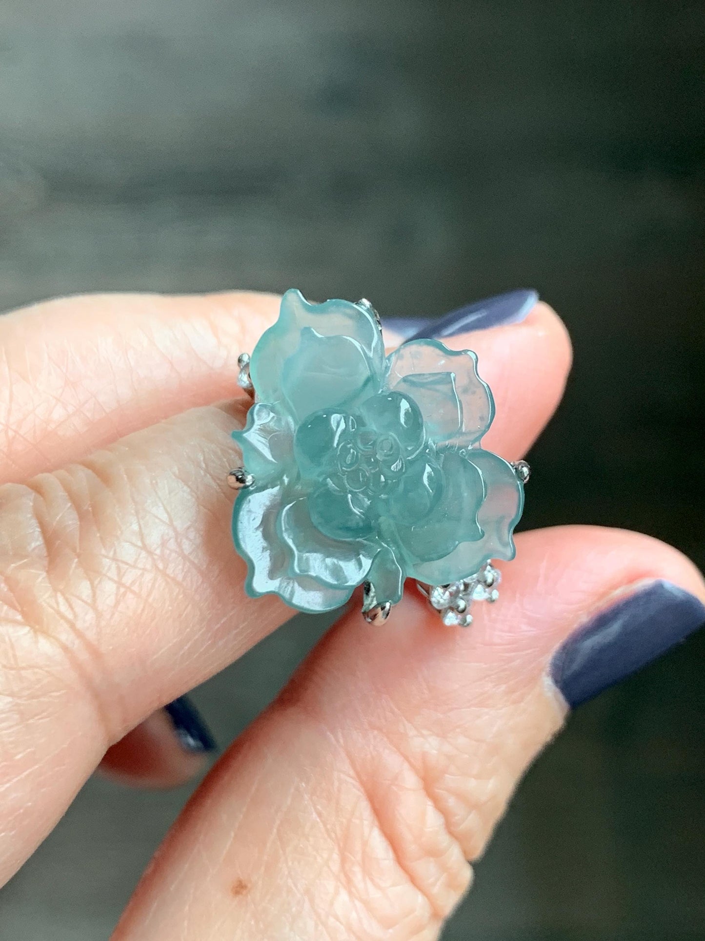 Natural Grade A Guatemalan Icy Translucent Teal Blue Jade Jadeite Lotus Flower Ring Sterling Silver Size Adjustable 5g 天然冰危浅蓝绿翡翠莲花戒指 WLY150G