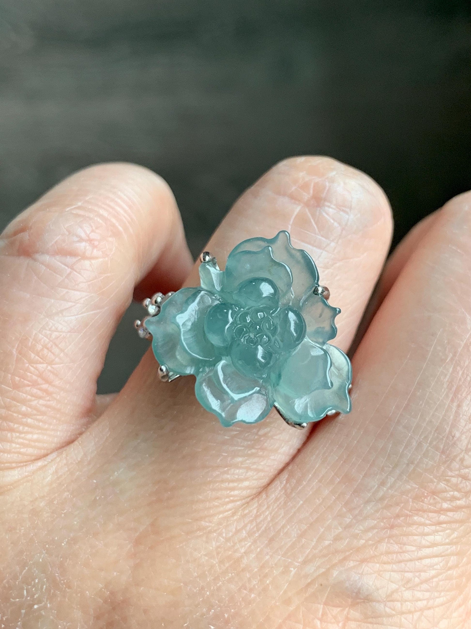 Natural Grade A Guatemalan Icy Translucent Teal Blue Jade Jadeite Lotus Flower Ring Sterling Silver Size Adjustable 5g 天然冰危浅蓝绿翡翠莲花戒指 WLY150G