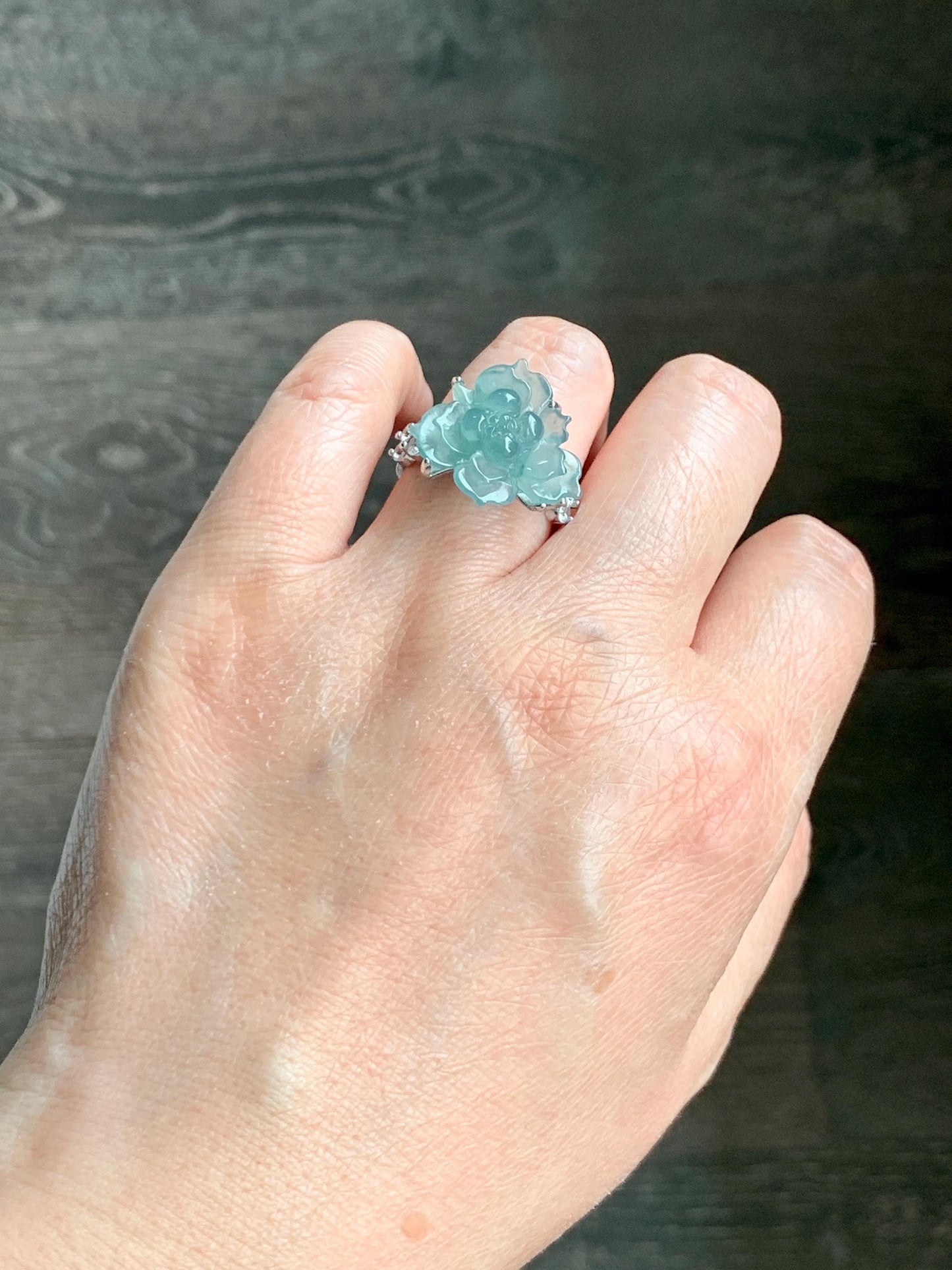 Natural Grade A Guatemalan Icy Translucent Teal Blue Jade Jadeite Lotus Flower Ring Sterling Silver Size Adjustable 5g 天然冰危浅蓝绿翡翠莲花戒指 WLY150G