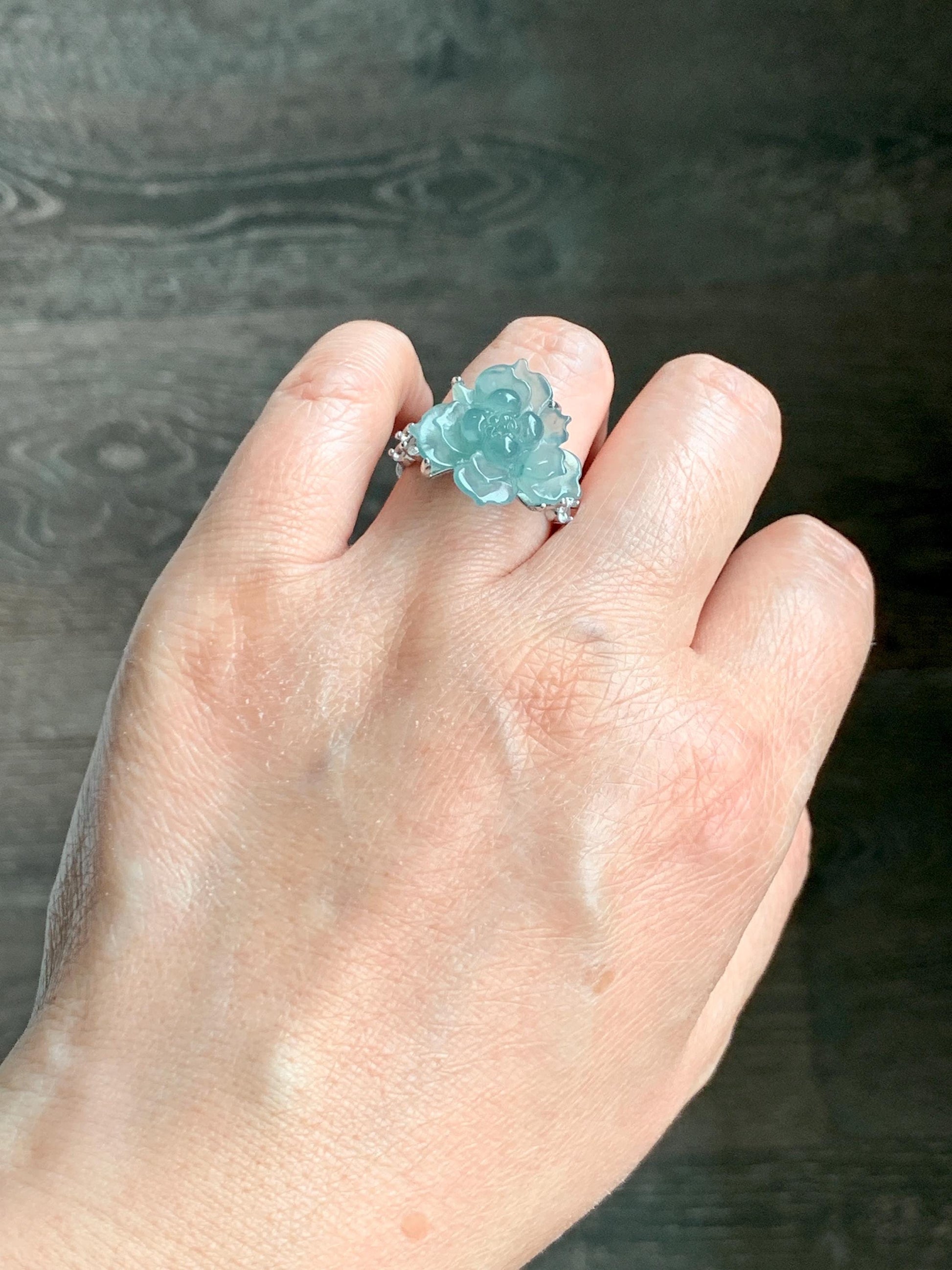 Natural Grade A Guatemalan Icy Translucent Teal Blue Jade Jadeite Lotus Flower Ring Sterling Silver Size Adjustable 5g 天然冰危浅蓝绿翡翠莲花戒指 WLY150G