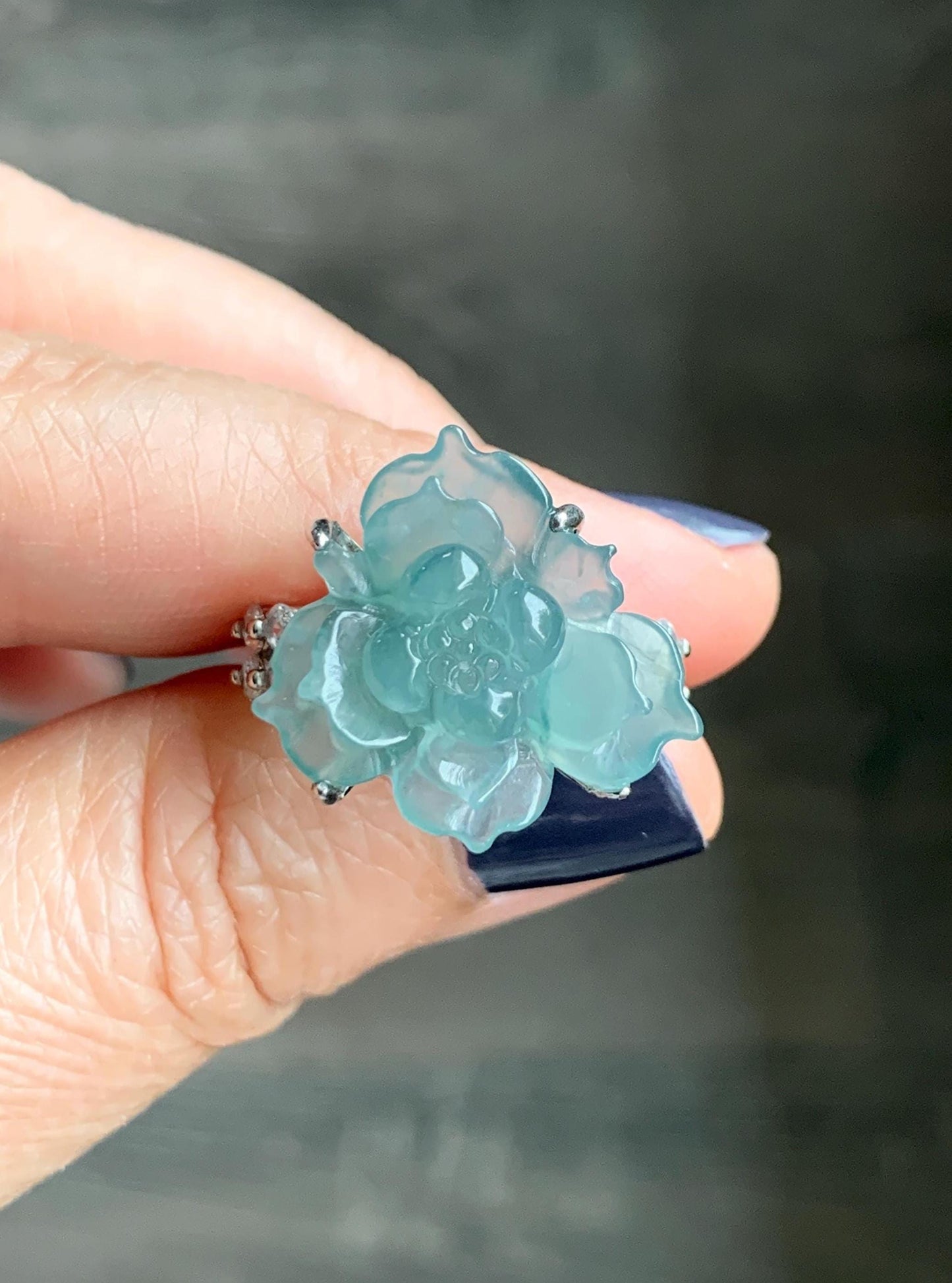 Natural Grade A Guatemalan Icy Translucent Teal Blue Jade Jadeite Lotus Flower Ring Sterling Silver Size Adjustable 5g 天然冰危浅蓝绿翡翠莲花戒指 WLY150G