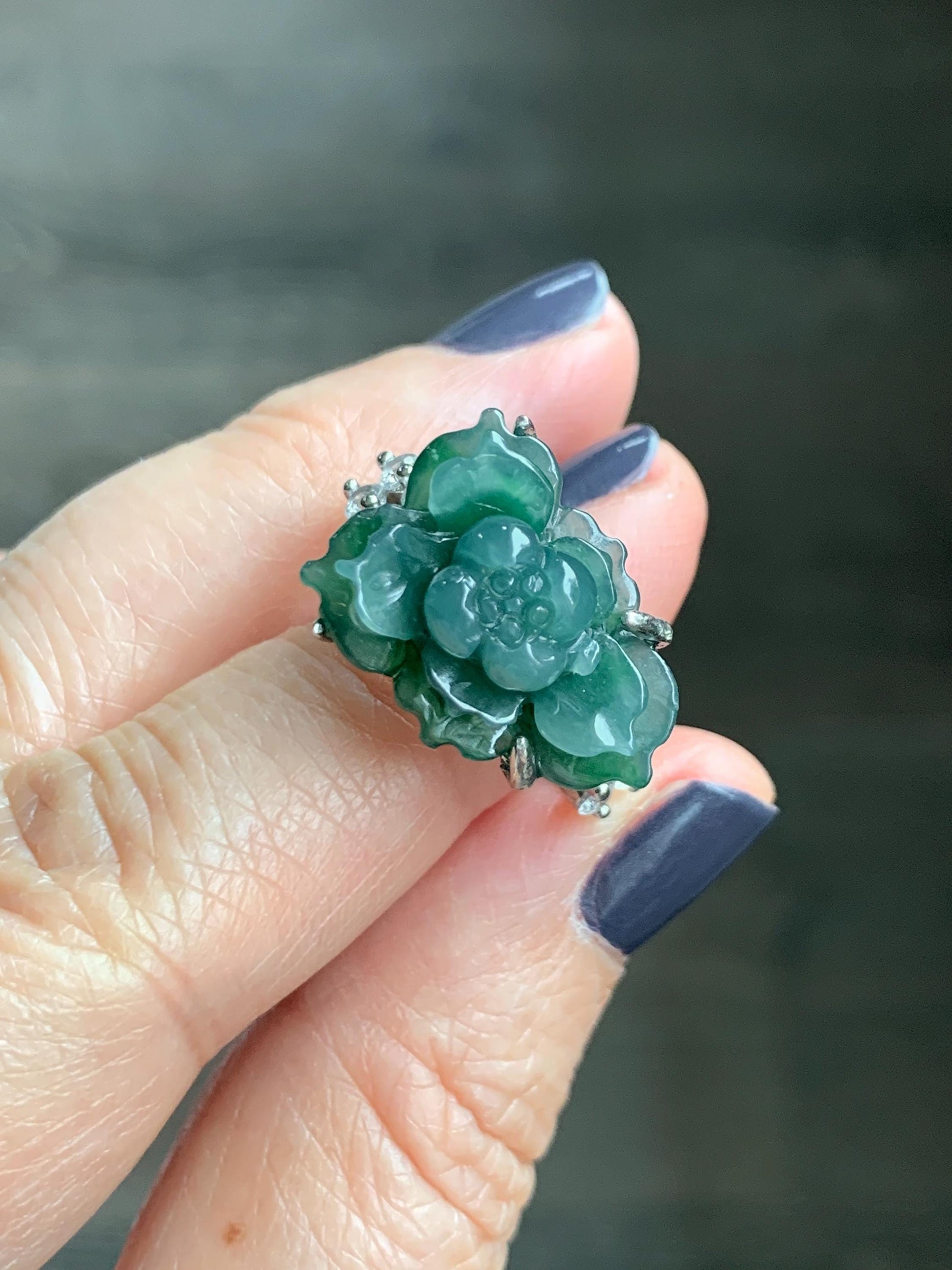 Natural Grade A Guatemalan Icy Blue & Green Bicolored Jade Jadeite Lotus Flower Ring Sterling Silver Size Adjustable 5g 天然冰危深蓝绿翡翠莲花戒指WLY150H