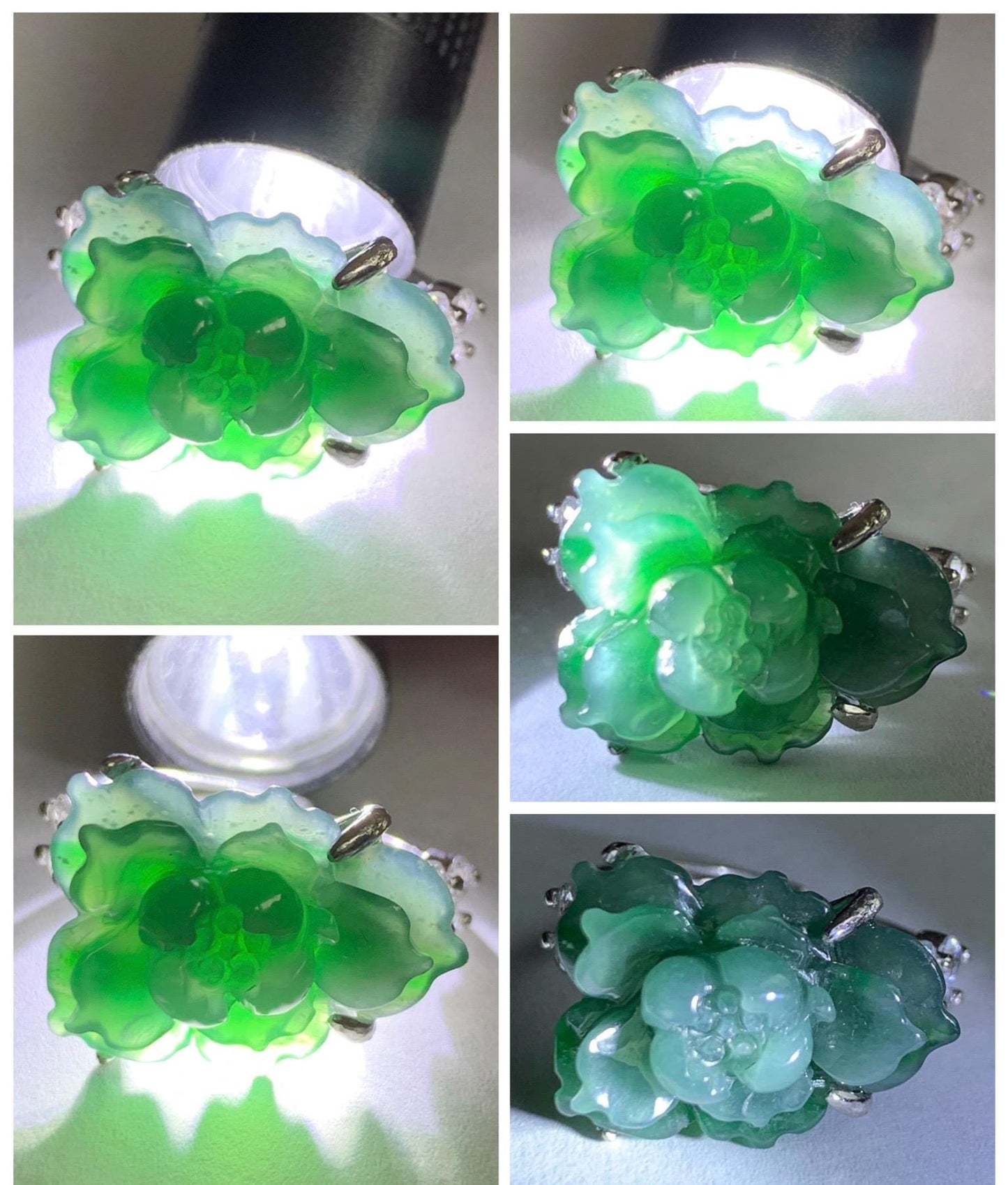 Natural Grade A Guatemalan Icy Blue & Green Bicolored Jade Jadeite Lotus Flower Ring Sterling Silver Size Adjustable 5g 天然冰危深蓝绿翡翠莲花戒指WLY150H