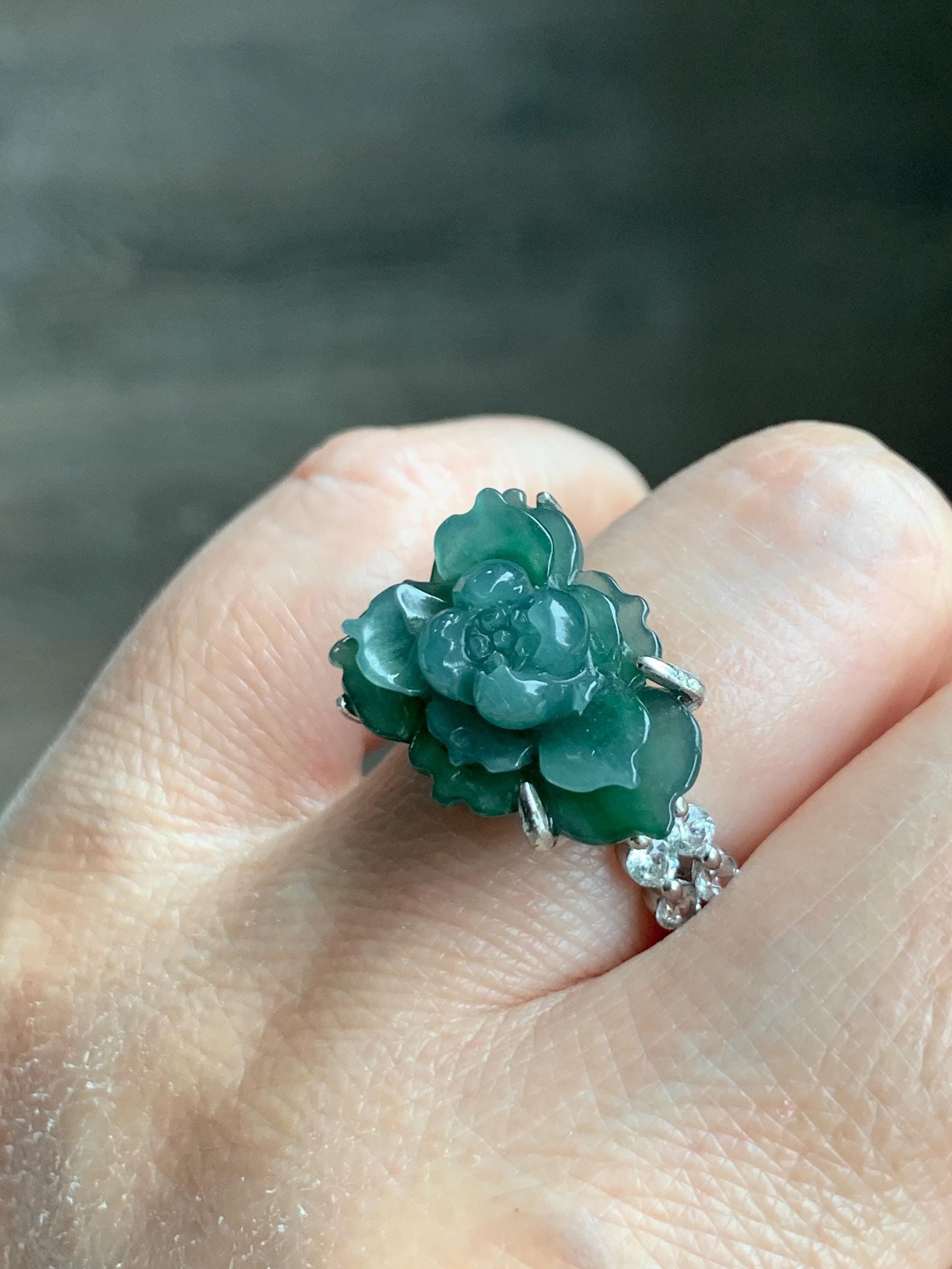 Natural Grade A Guatemalan Icy Blue & Green Bicolored Jade Jadeite Lotus Flower Ring Sterling Silver Size Adjustable 5g 天然冰危深蓝绿翡翠莲花戒指WLY150H