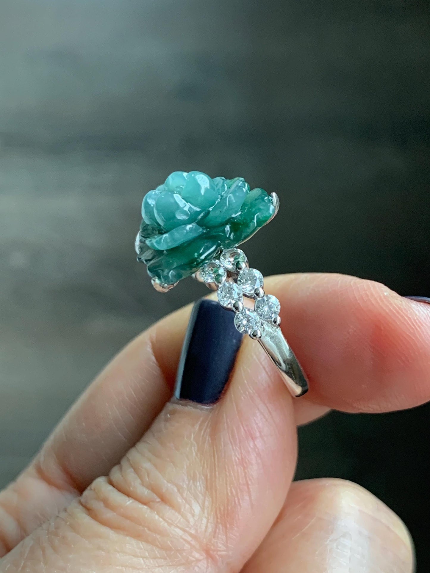 Natural Grade A Guatemalan Icy Blue & Green Bicolored Jade Jadeite Lotus Flower Ring Sterling Silver Size Adjustable 5g 天然冰危深蓝绿翡翠莲花戒指WLY150H