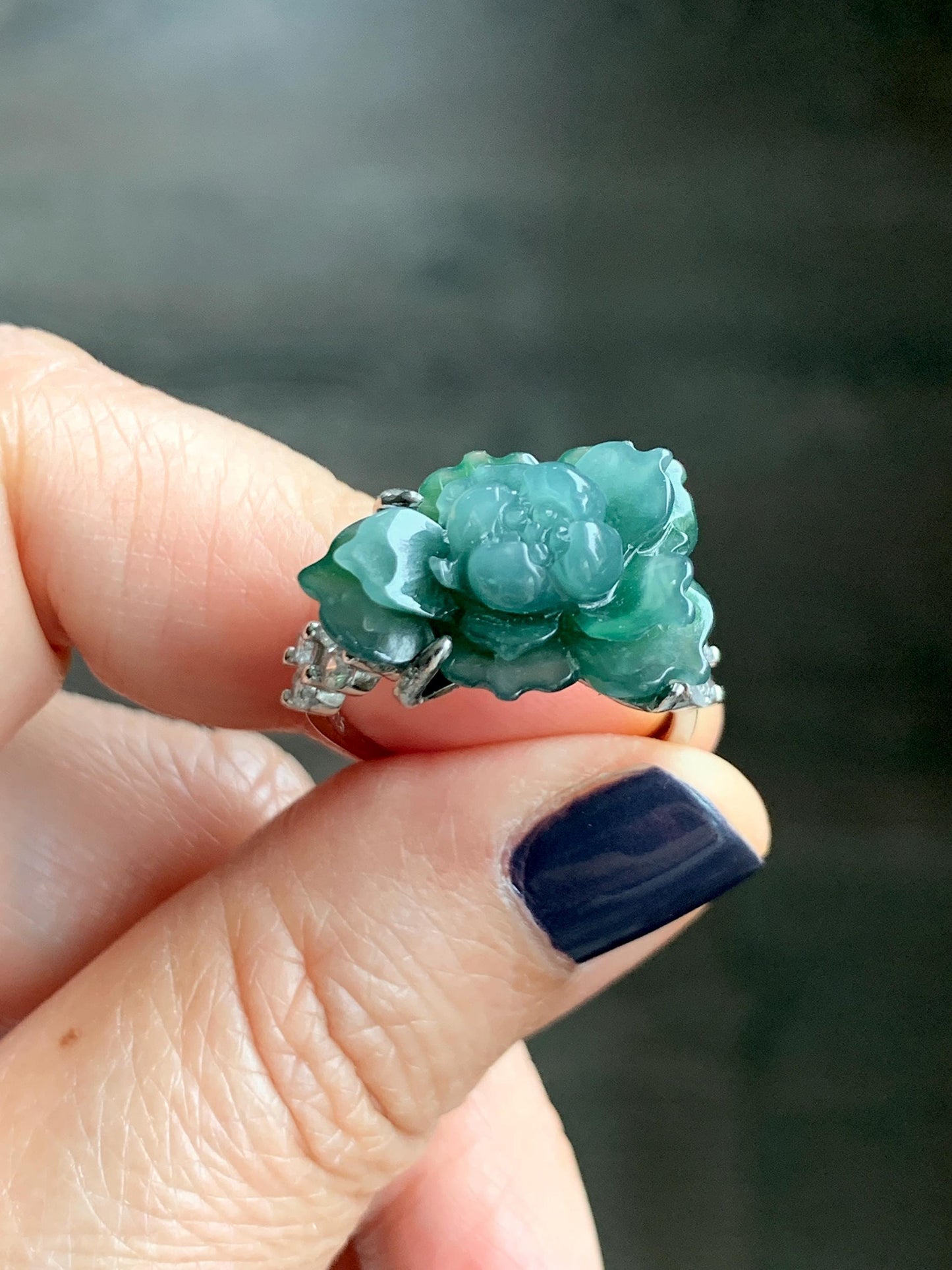 Natural Grade A Guatemalan Icy Blue & Green Bicolored Jade Jadeite Lotus Flower Ring Sterling Silver Size Adjustable 5g 天然冰危深蓝绿翡翠莲花戒指WLY150H