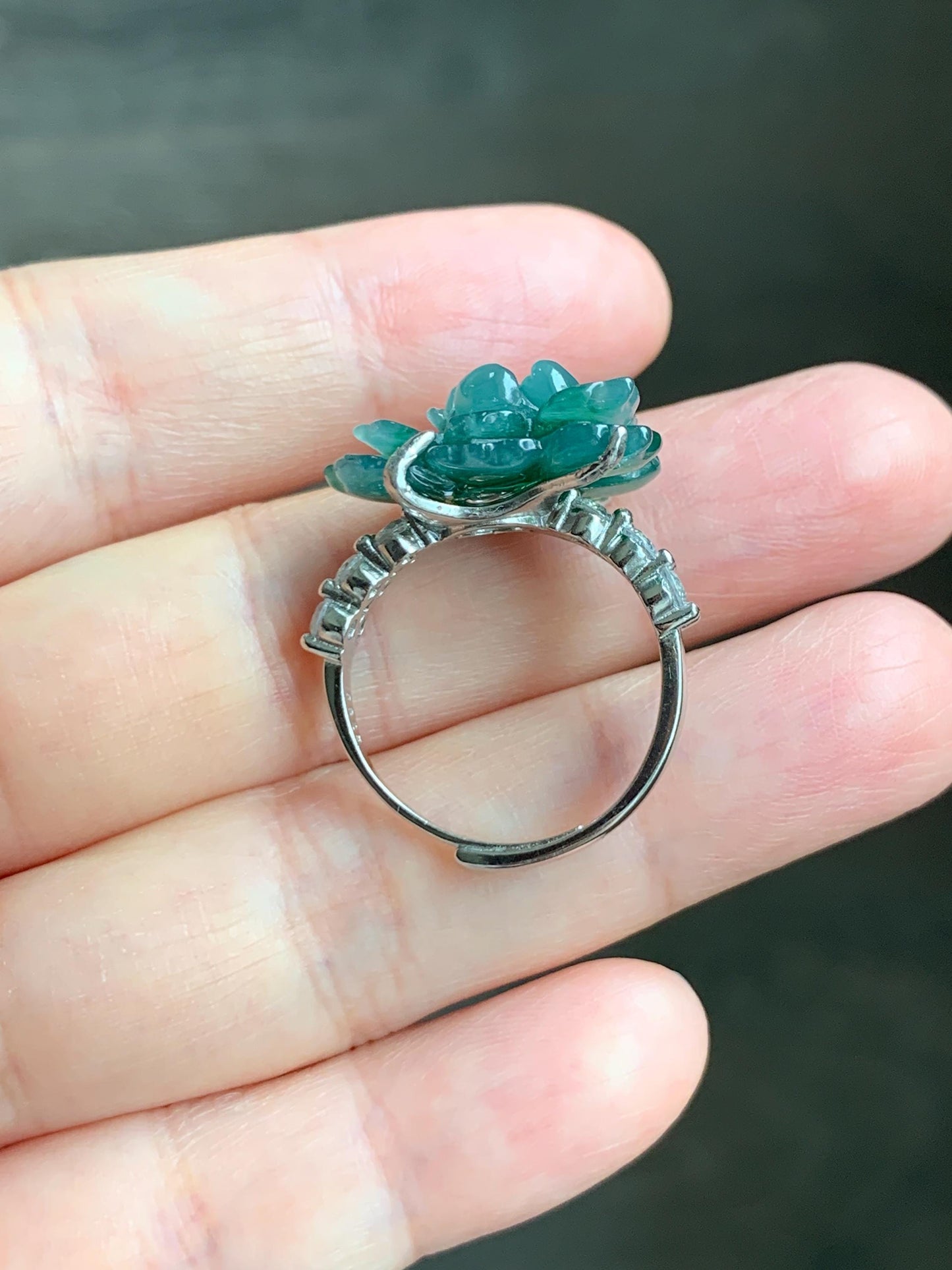 Natural Grade A Guatemalan Icy Blue & Green Bicolored Jade Jadeite Lotus Flower Ring Sterling Silver Size Adjustable 5g 天然冰危深蓝绿翡翠莲花戒指WLY150H