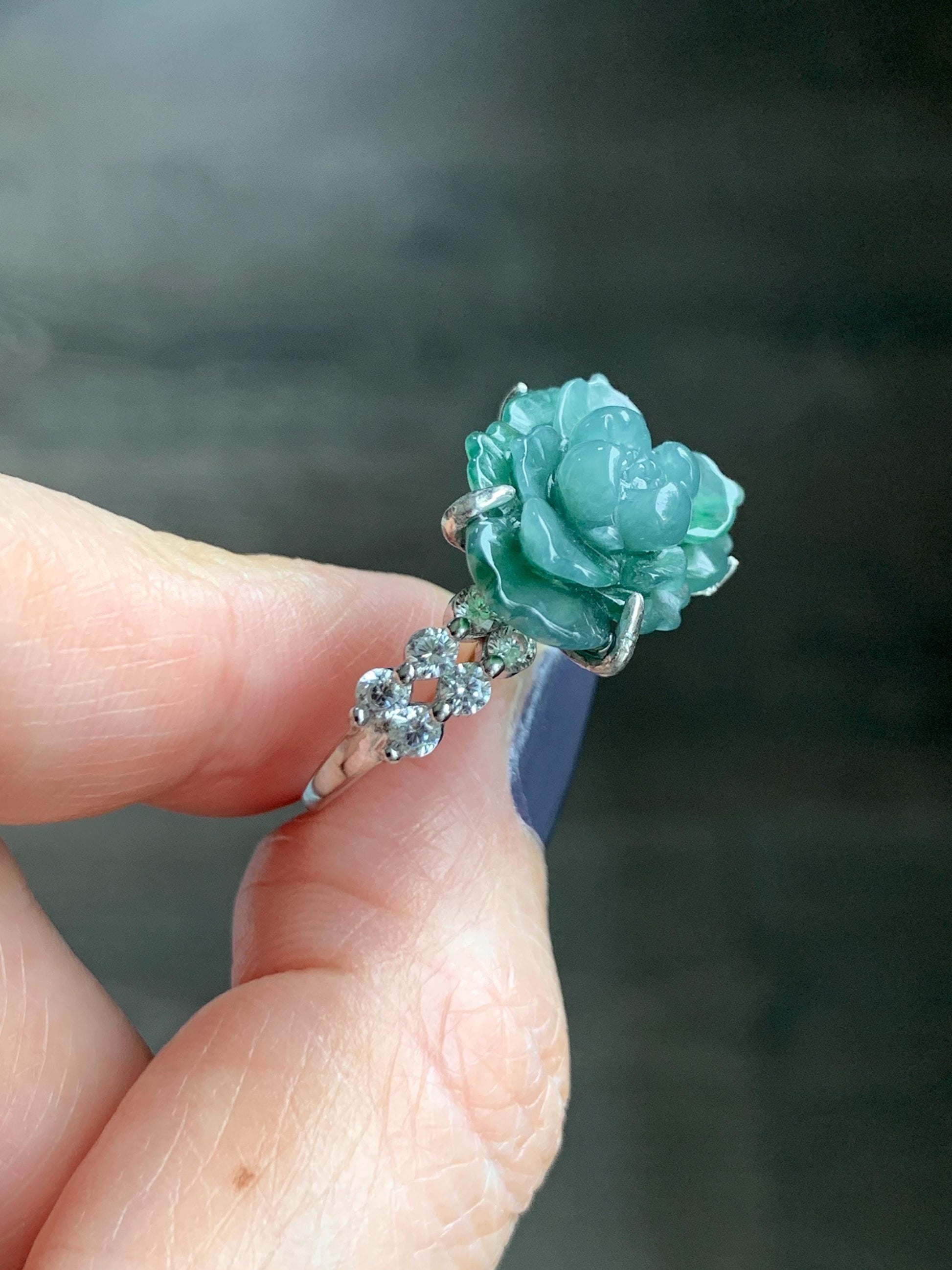 Natural Grade A Guatemalan Icy Blue & Green Bicolored Jade Jadeite Lotus Flower Ring Sterling Silver Size Adjustable 5g 天然冰危深蓝绿翡翠莲花戒指WLY150H