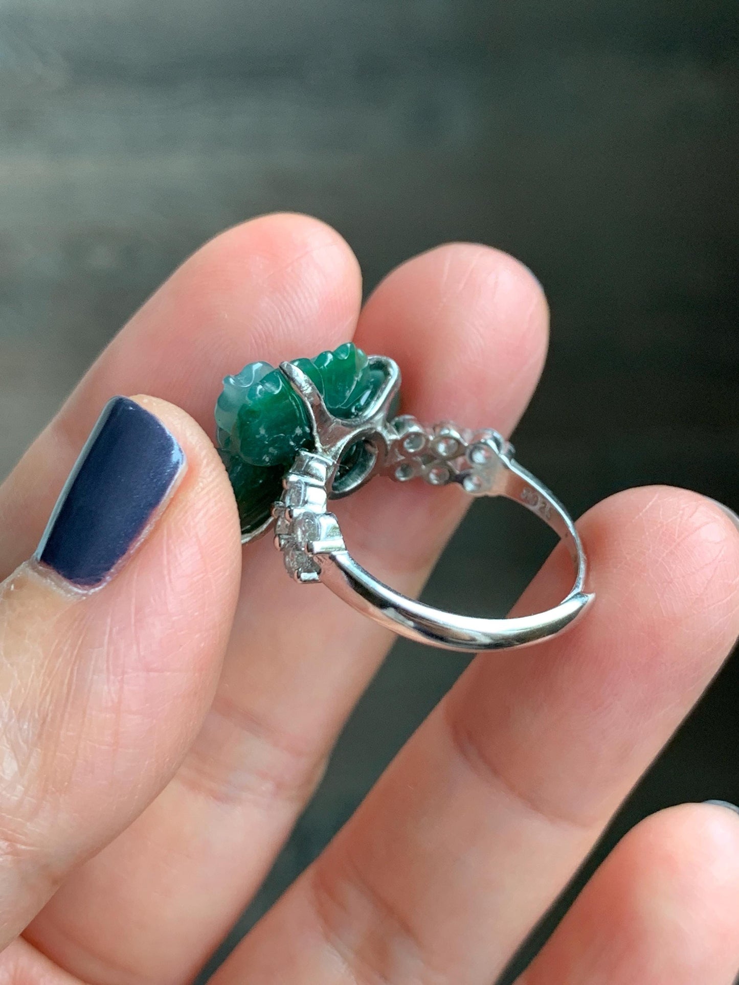 Natural Grade A Guatemalan Icy Blue & Green Bicolored Jade Jadeite Lotus Flower Ring Sterling Silver Size Adjustable 5g 天然冰危深蓝绿翡翠莲花戒指WLY150H