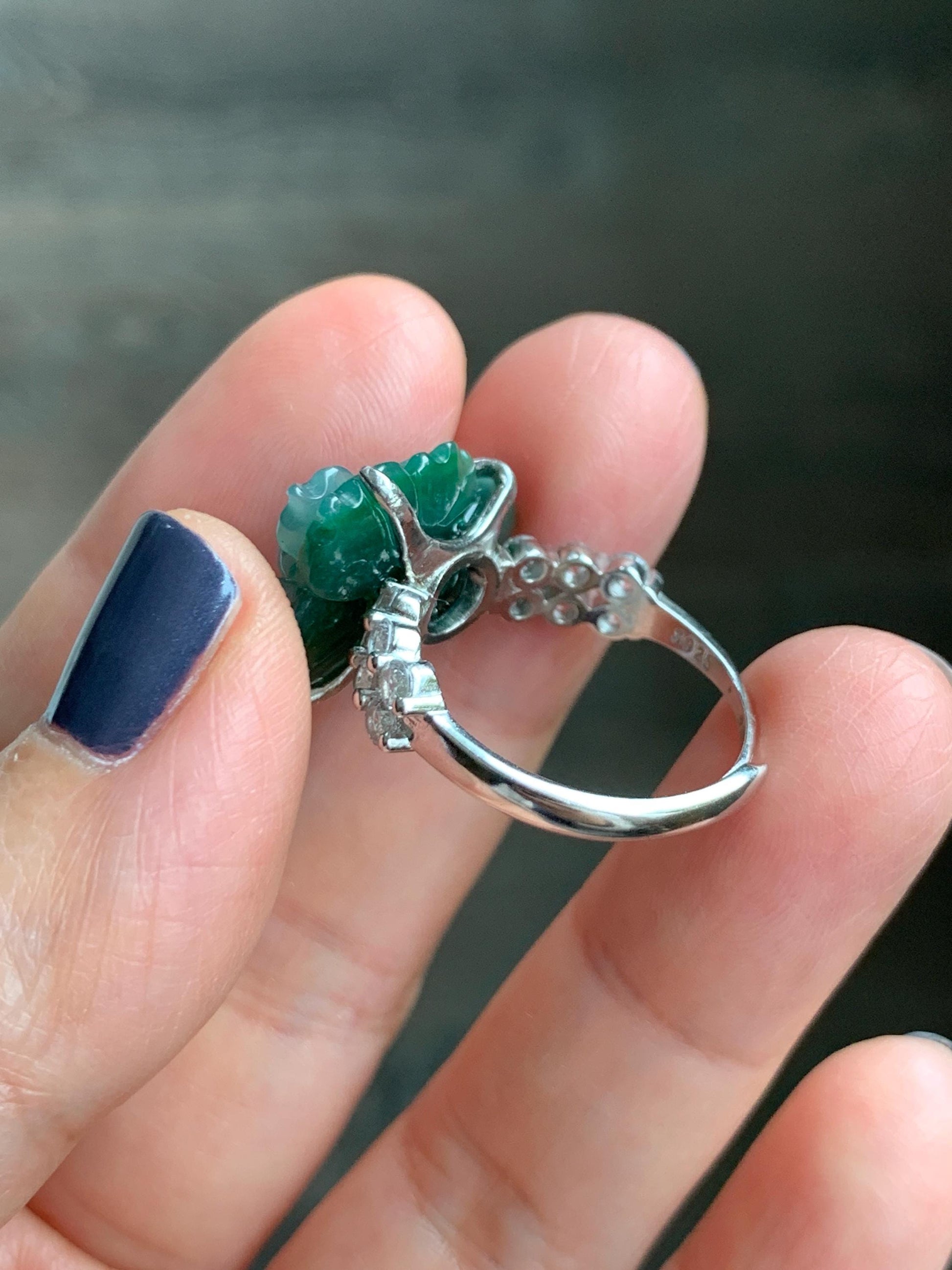 Natural Grade A Guatemalan Icy Blue & Green Bicolored Jade Jadeite Lotus Flower Ring Sterling Silver Size Adjustable 5g 天然冰危深蓝绿翡翠莲花戒指WLY150H