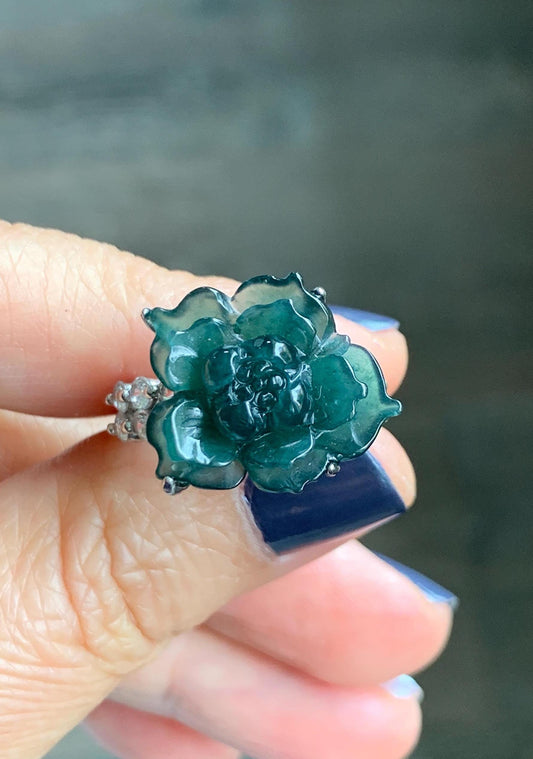 Natural Grade A Guatemalan Icy Dark Teal Blue Jade Jadeite Lotus Flower Ring Sterling Silver Size Adjustable 5g 天然冰危深蓝绿翡翠莲花戒指 WLY150B