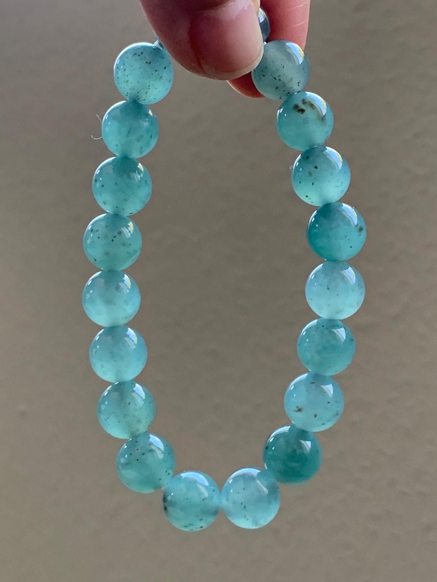 Natural Grade A Guatemalan Icy Translucent Teal Blue Brown Marbled Jade Jadeite Beaded Bracelet Stretchy 9.5mm 7.25” 31g 天然冰危蓝撒金翡翠圆珠手串WSJ550