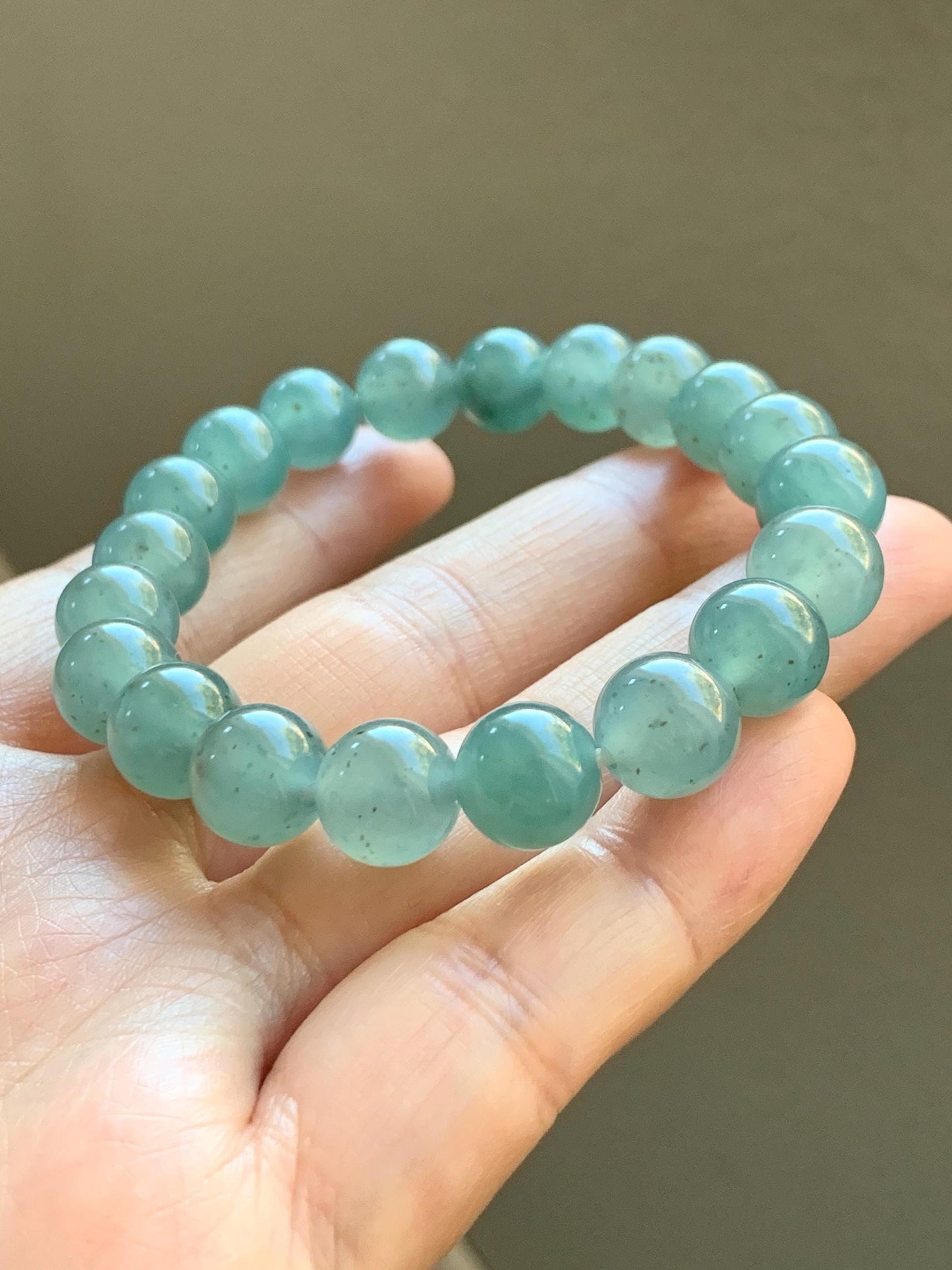 Natural Grade A Guatemalan Icy Translucent Teal Blue Brown Marbled Jade Jadeite Beaded Bracelet Stretchy 9.5mm 7.25” 31g 天然冰危蓝撒金翡翠圆珠手串WSJ550