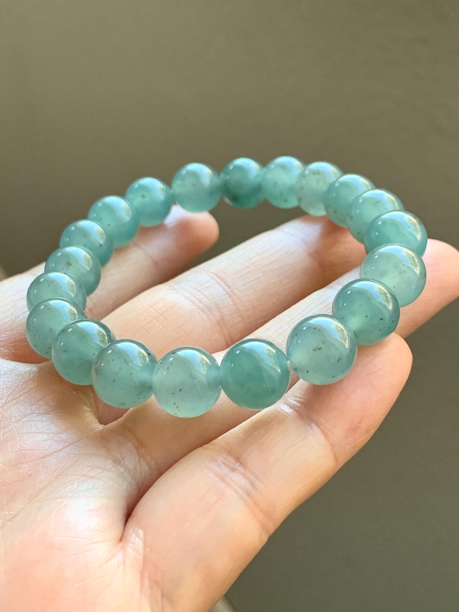 Natural Grade A Guatemalan Icy Translucent Teal Blue Brown Marbled Jade Jadeite Beaded Bracelet Stretchy 9.5mm 7.25” 31g 天然冰危蓝撒金翡翠圆珠手串WSJ550
